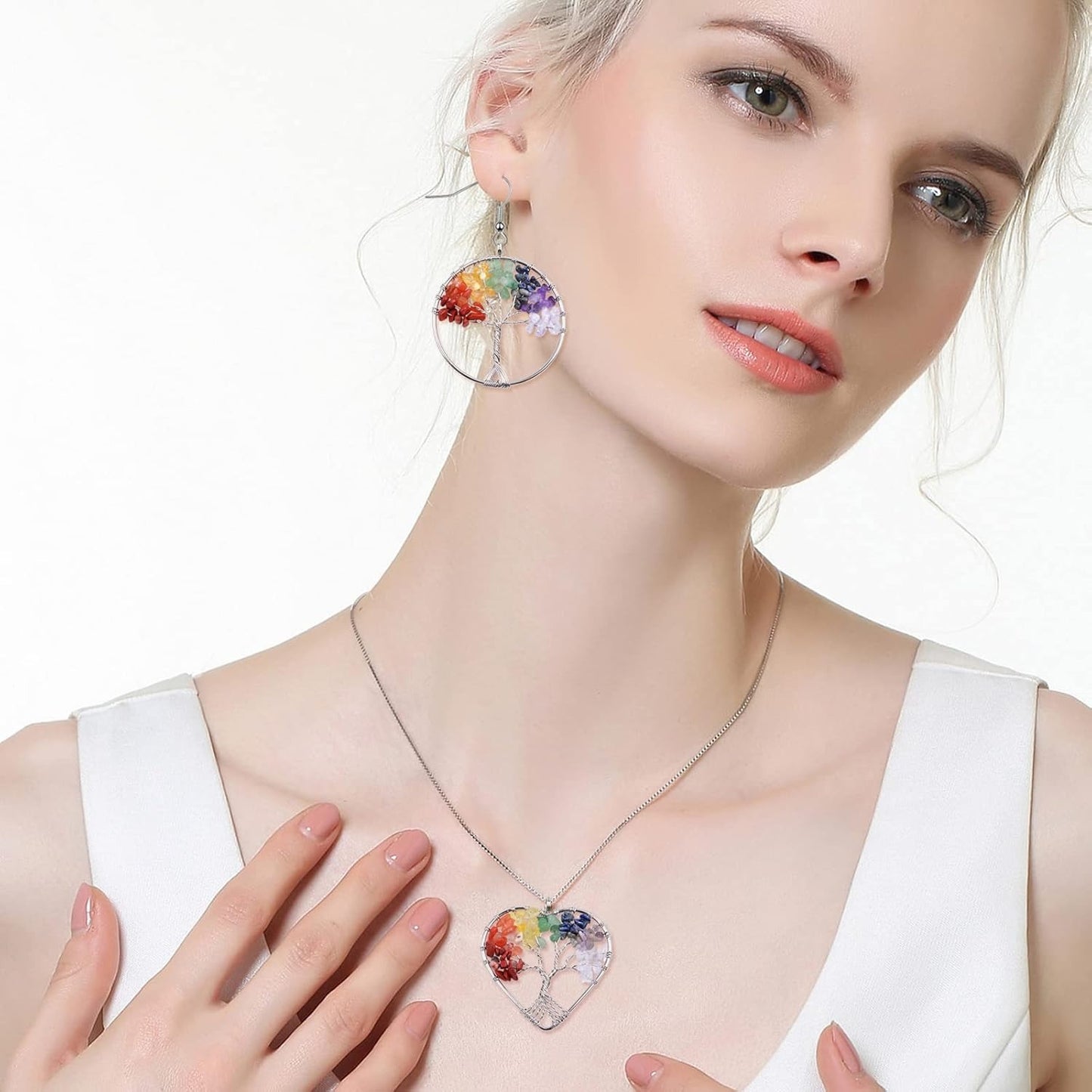 6pcs Tree of Life Charms Colorful Natural Crystal Stone Chakra Positive Gemstone Quartz Life Tree Pendants Good Luck Yoga Charms for DIY Necklace Earrings Keychains Jewelry Making, 3 Styles