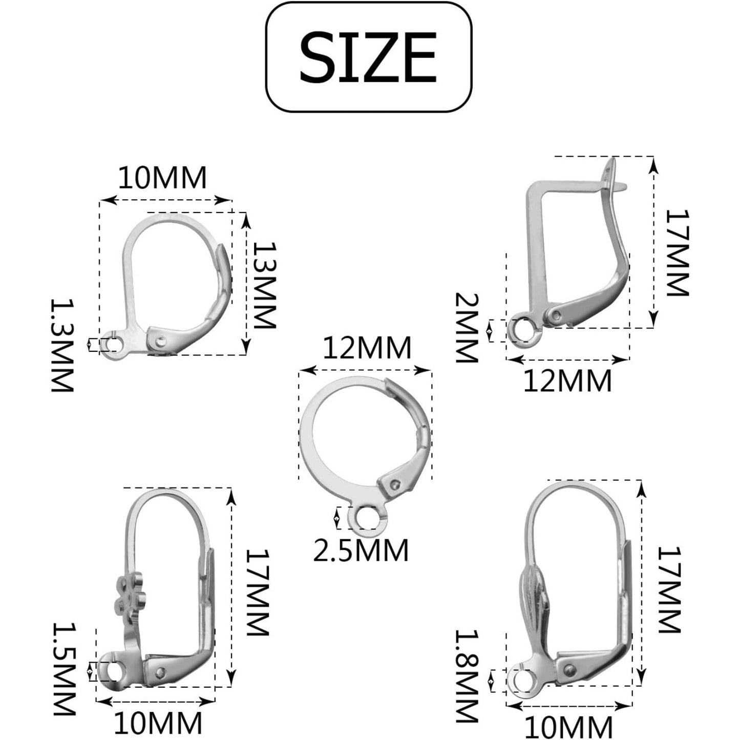 50pcs Silver Hypoallergenic French Earring Hooks Brass Lever Back Earring French Hook Ear Wire with Open Loop for Earring Designs Jewelry Making Supplies, 5 Styles