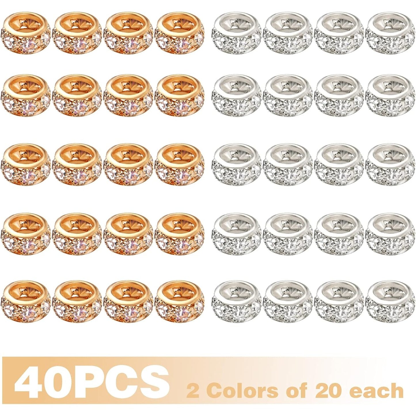 Large Hole Spacer Beads, 40pcs 12 mm Crystal Rhinestone European Beads Brass Rondelle Charm Spacers Loose Beads Crafts Supplies for DIY Snake Chain Bracelets Jewelry Making, Gold, Silver