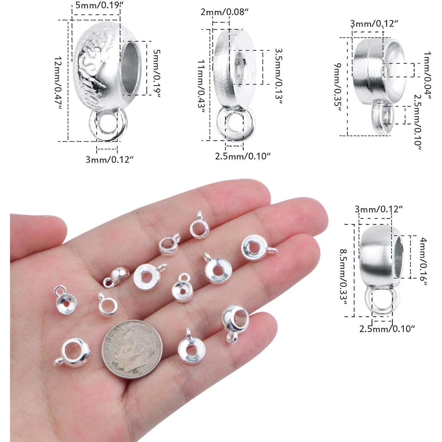 100 Gram 4 Styles Bail Tube Beads Alloy Bail Beads Connectors Spacer Bead Hanger Links Charms for DIY European Bracelet Jewelry Making Supplies, Bright Silver