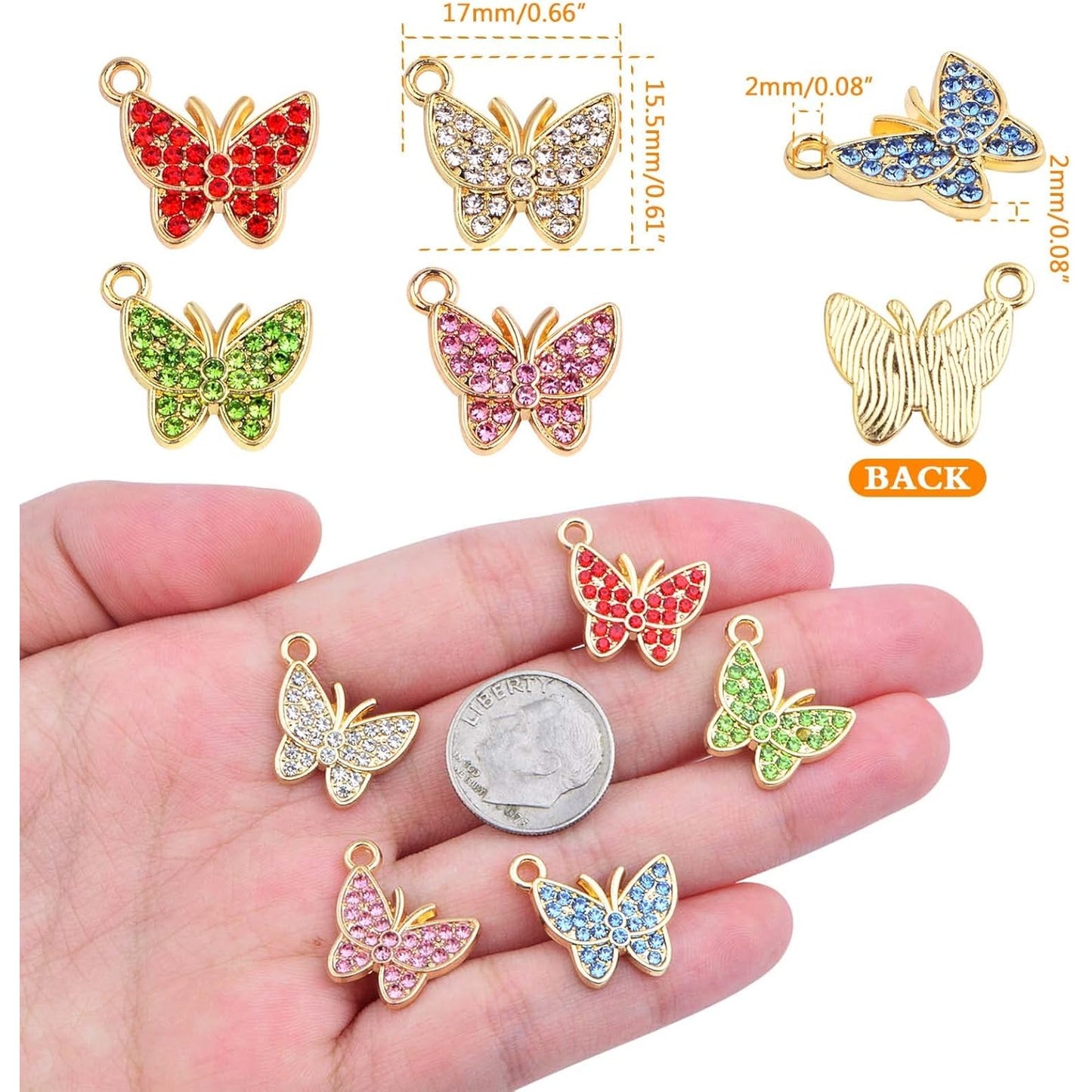 20pcs Butterfly Charms with Shiny Rhinestone Alloy Crystal Butterfly Dangle Pendants Craft Supplies for DIY Bracelet Necklace Earring Jewelry Making Findings, 5 Colors