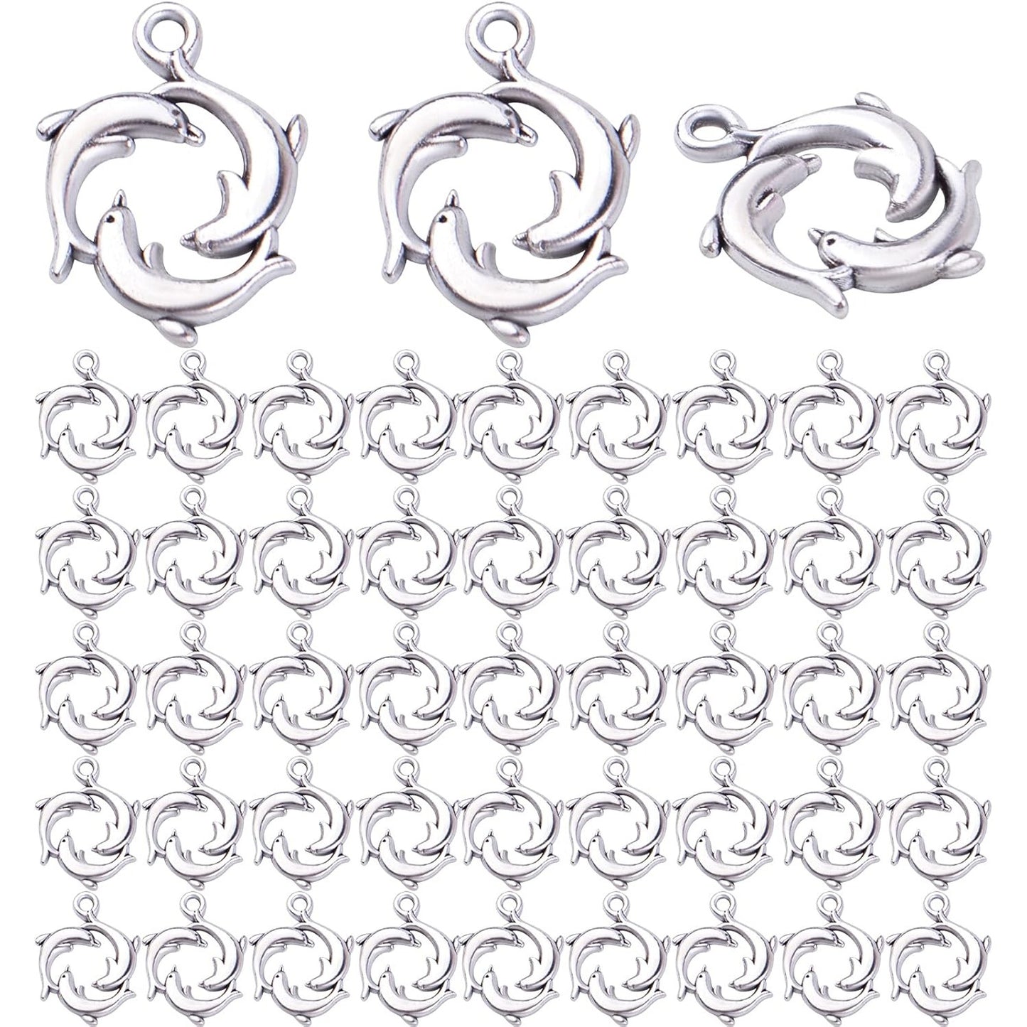 50pcs Antique Bronze Animal Dolphin Charms Tibetan Alloy Sea Life Dolphin Shape Dangle Pendants Craft Supplies for DIY Necklace Bracelet Jewelry Making Findings