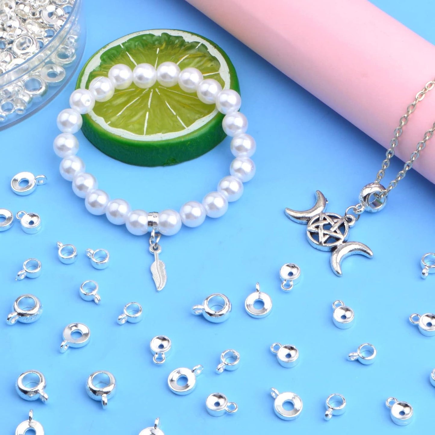 100 Gram 4 Styles Bail Tube Beads Alloy Bail Beads Connectors Spacer Bead Hanger Links Charms for DIY European Bracelet Jewelry Making Supplies, Bright Silver