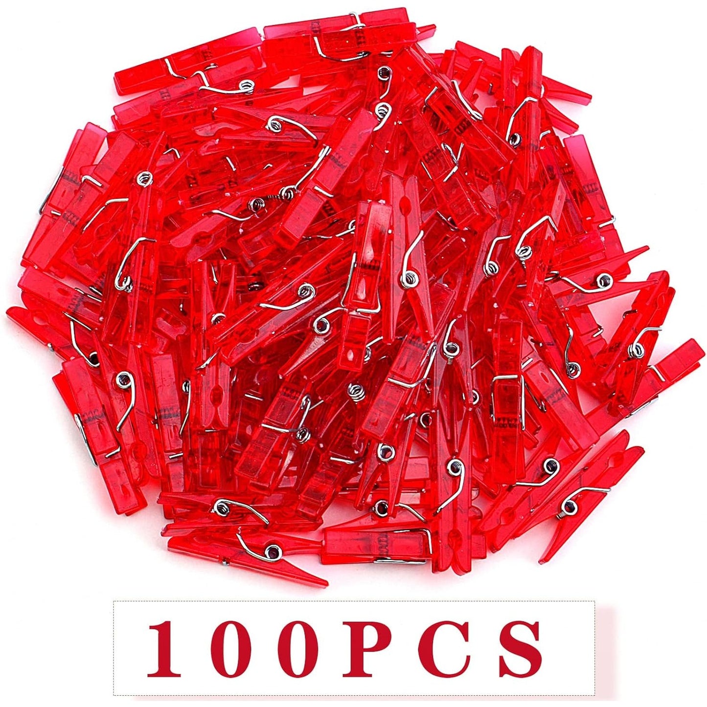 100 Pieces Clear Plastic Clothespins Mini Transparent Craft Clips Pictures Paper Peg Pins for Hanging Photos String Fairy Lights Wedding Party Decor, Red