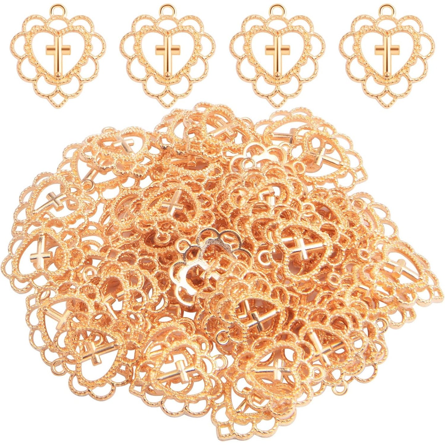 50pcs Golden Hollow Heart Cross Charms Alloy Love Heart with Cross Pendant Charms Jewelry Making Accessories for DIY Necklace Crafts Valentine's Day Mother's Day Gifts