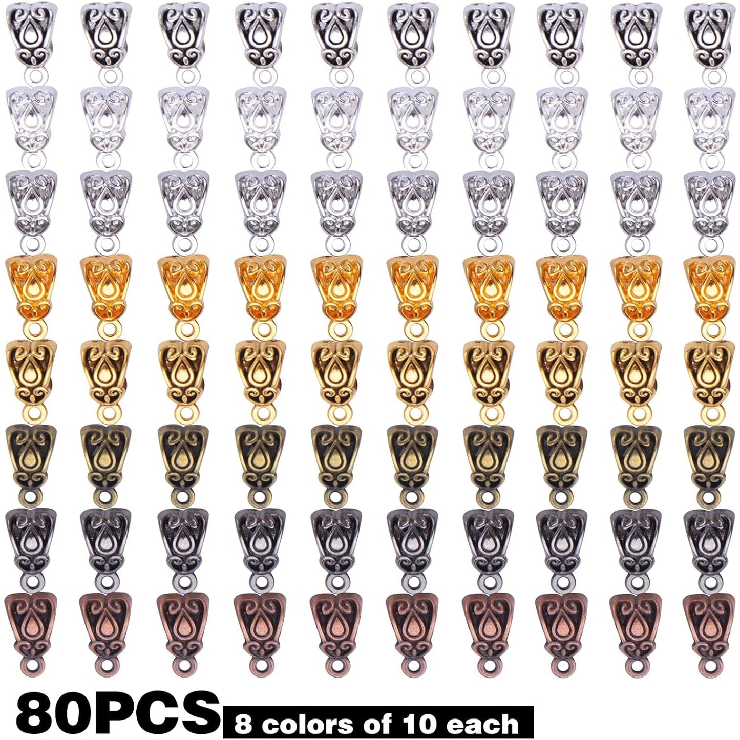 80pcs Connectors Bails Beads Alloy Bail Beads with Charm Loop Bead Hanger Charms Connector Dangle Link Beads for Jewelry Making DIY Necklace Bracelet, 8 Colors