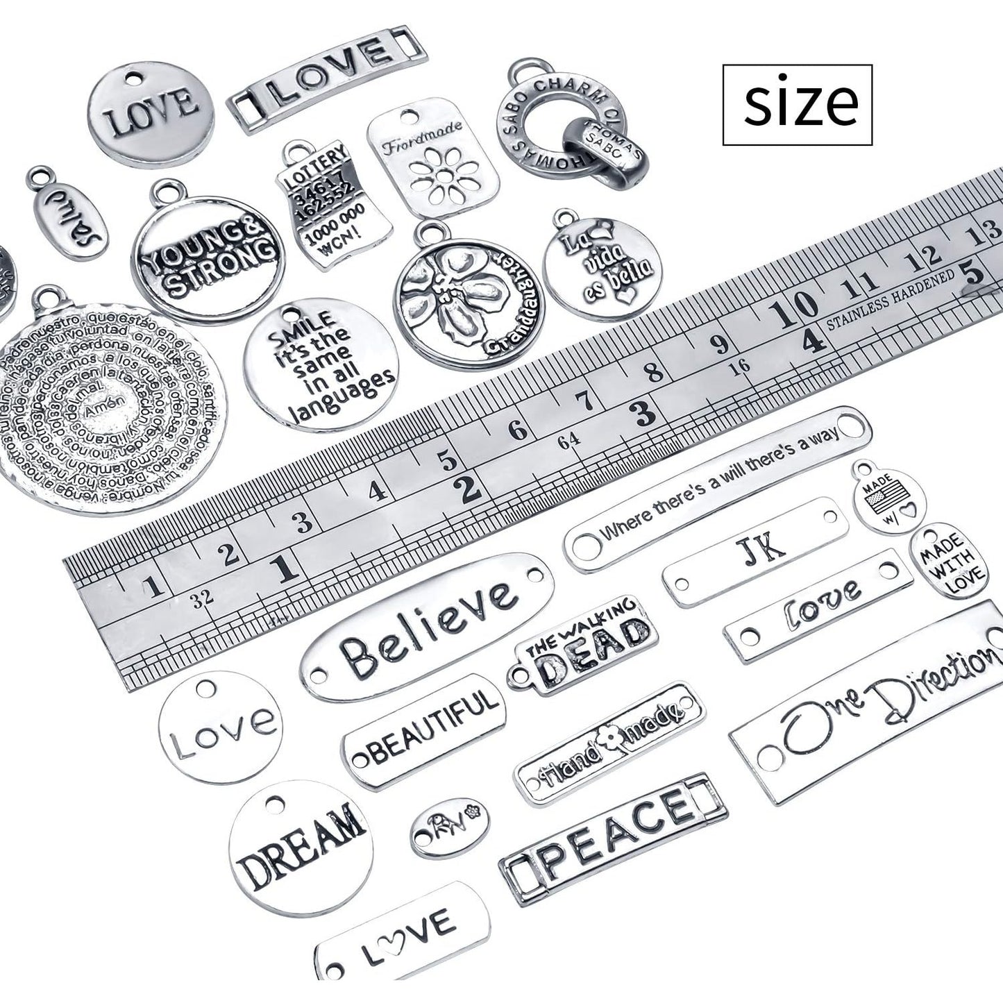 Inspiration Words Charms, 100g (40-60pcs) Mix Lettering Saying Pendants Engraved Motivational Charms Beads for Crafting, Jewelry Findings Making Accessory for DIY Necklace Bracelet