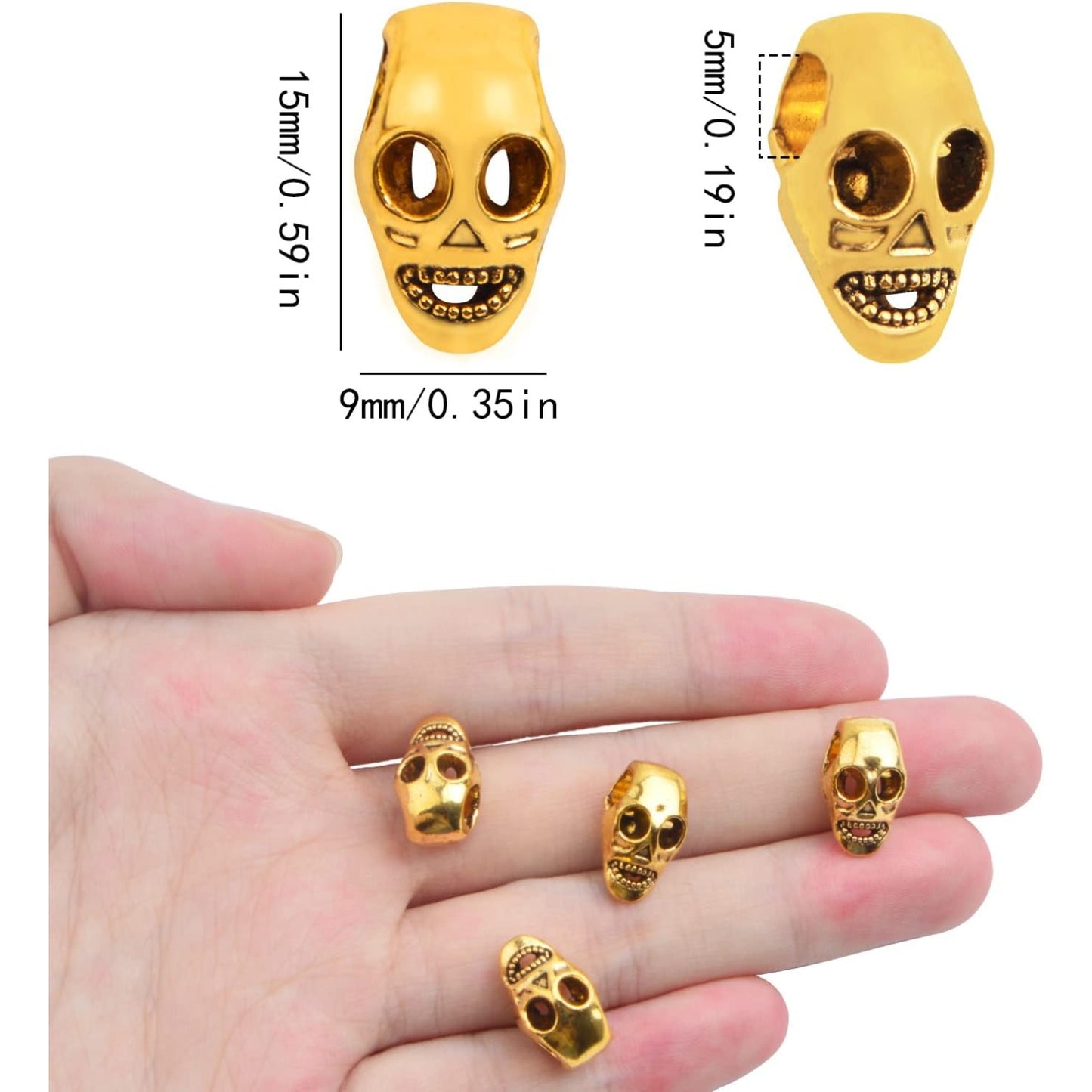 60pcs Antique Golden Large Hole Skull Beads Alloy Skeleton Skull Head Spacer Bead Loose Charm Beads Accessories for DIY Bracelet Necklace Jewelry Making Supplies