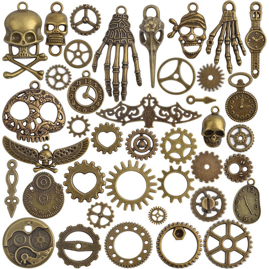 100 Gram Antique Bronze Steampunk Gears Charms Vintage Alloy Mixed Watch Wheel Cog Skull Hands Skeleton Keys Pendant for Art Craft Jewelry Making Pirate Cosplay Decor
