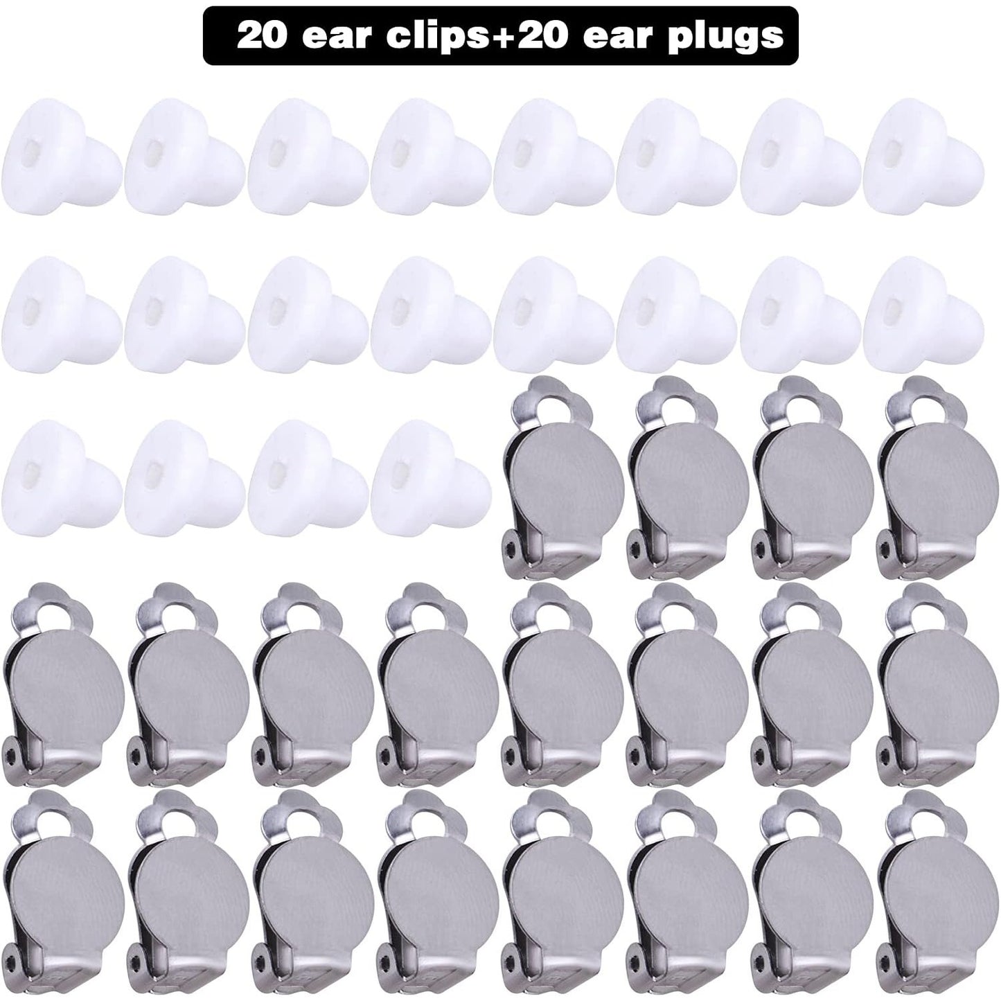 20pcs Round Flat Back Tray Earring Clips Stainless Steel Non-Pierced Earrings Converter Components with 20pcs Silicone Earring Findings Pad Base for DIY Jewelry Making