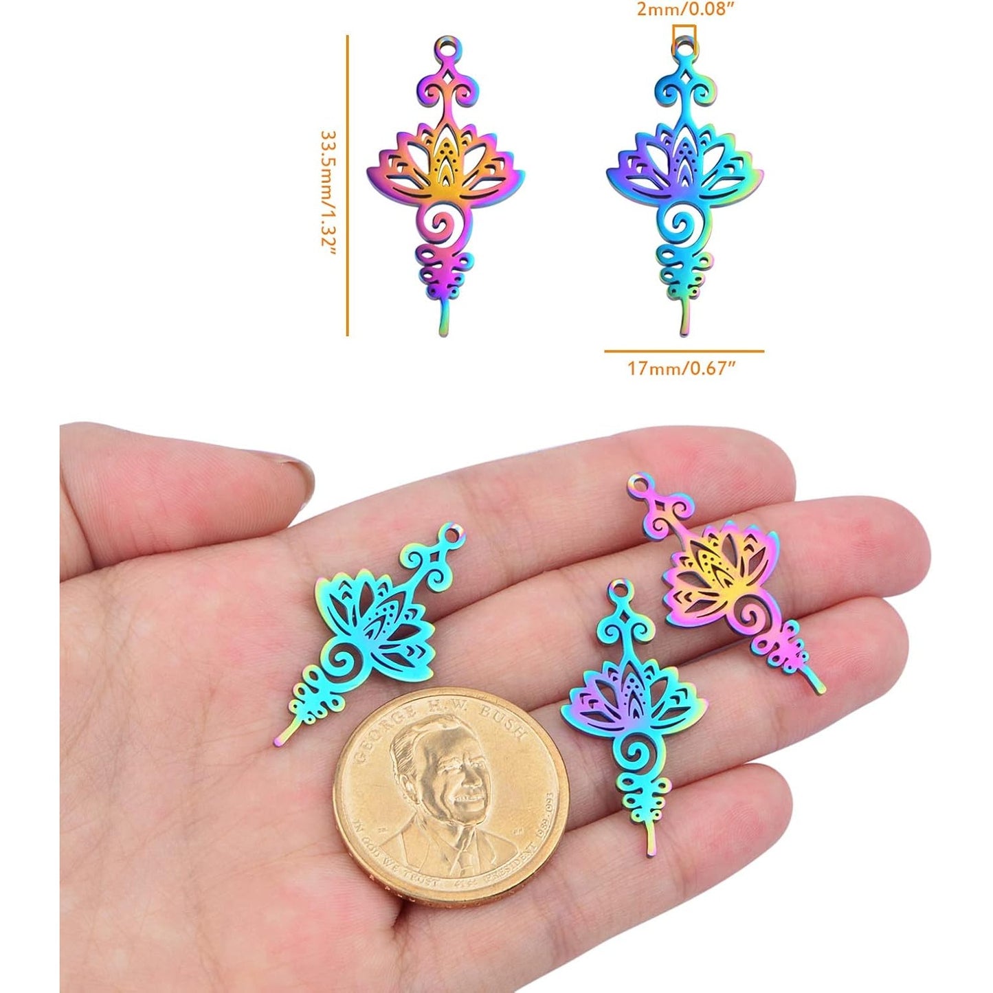 10pcs Stainless Steel Lotus Flower Charms Hollow Lotus Flower Sword Dangle Pendants Craft Supplies for DIY Necklace Bracelet Jewelry Making Findings, Rainbow Color