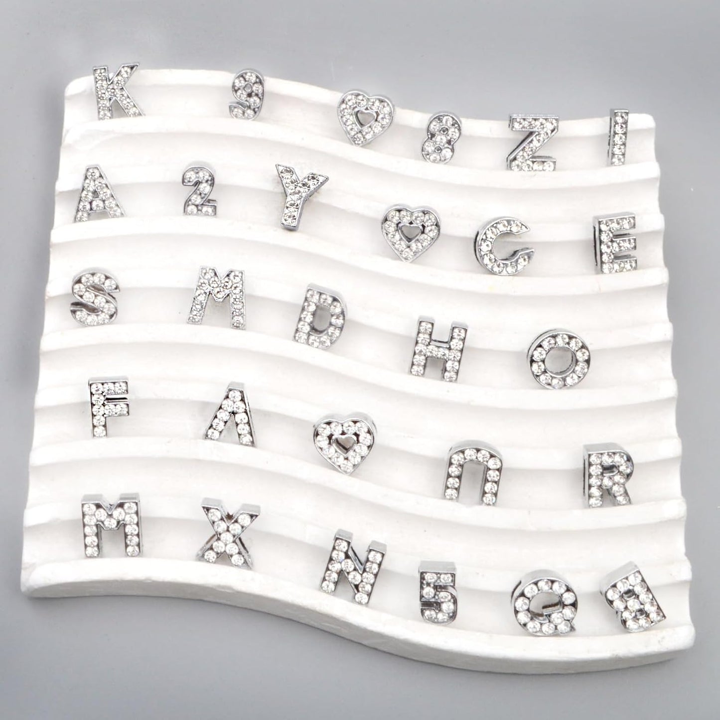 40pcs 8mm Full Rhinestones Slide Charms Alloy Crystal Alphabet Letters A-Z with Numbers 0-9 and Hearts for DIY Bracelets Wristbands Necklaces Jewelry Making Supplies, Sliver