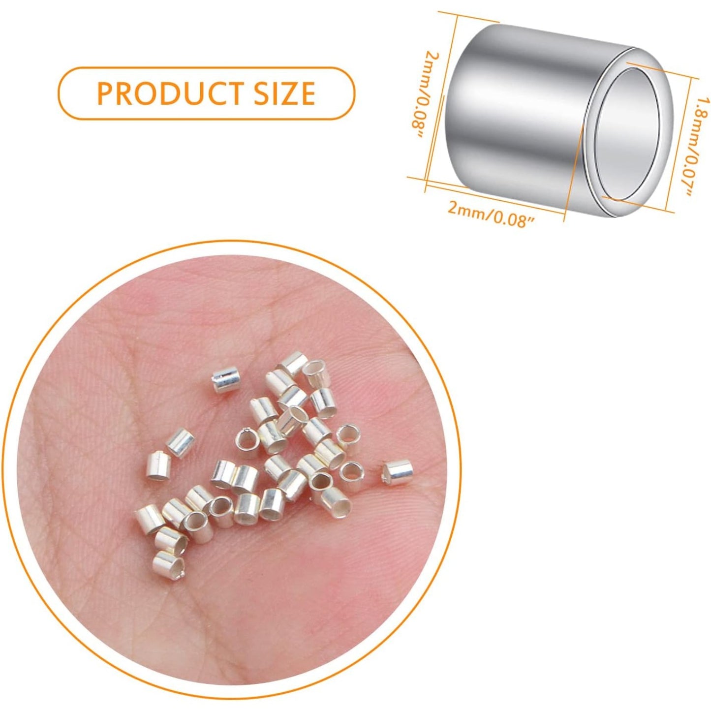 50pcs 2 mm Sterling Silver Crimp Tube Beads Column Crimp Spacer Beads Cord Cover Tips End Loose Stopper Beads with a Box for DIY Bracelet Jewelry Making Supplies