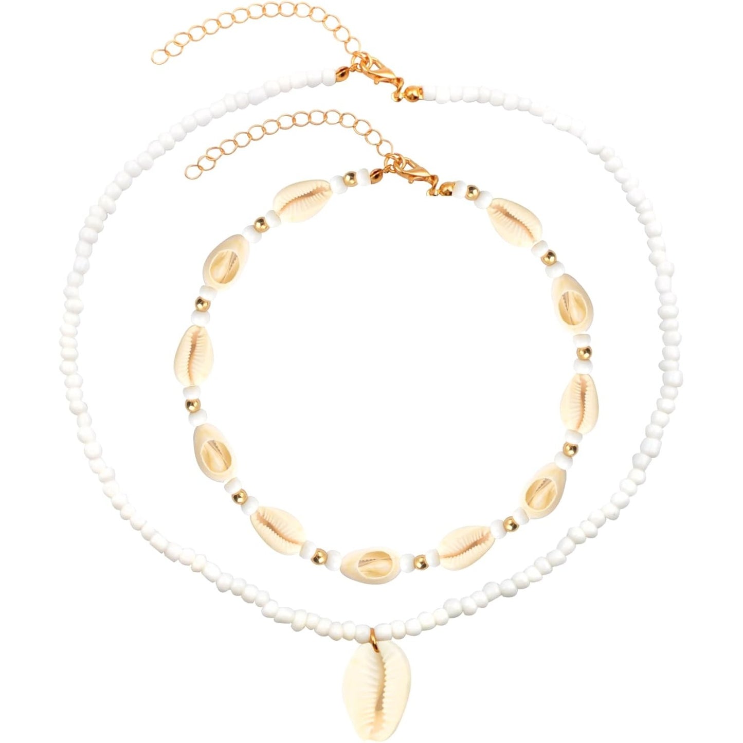 2pcs Handmade Beach Seashell Necklaces Natural Shell Rice Beads Adjustable Hawaiian Summer Boho Beach Beaded Collar Choker Necklace Jewelry for Adults Teens Women Gifts