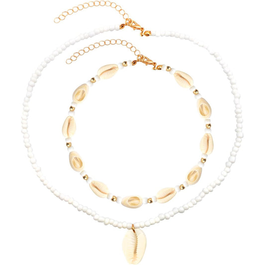 2pcs Handmade Beach Seashell Necklaces Natural Shell Rice Beads Adjustable Hawaiian Summer Boho Beach Beaded Collar Choker Necklace Jewelry for Adults Teens Women Gifts