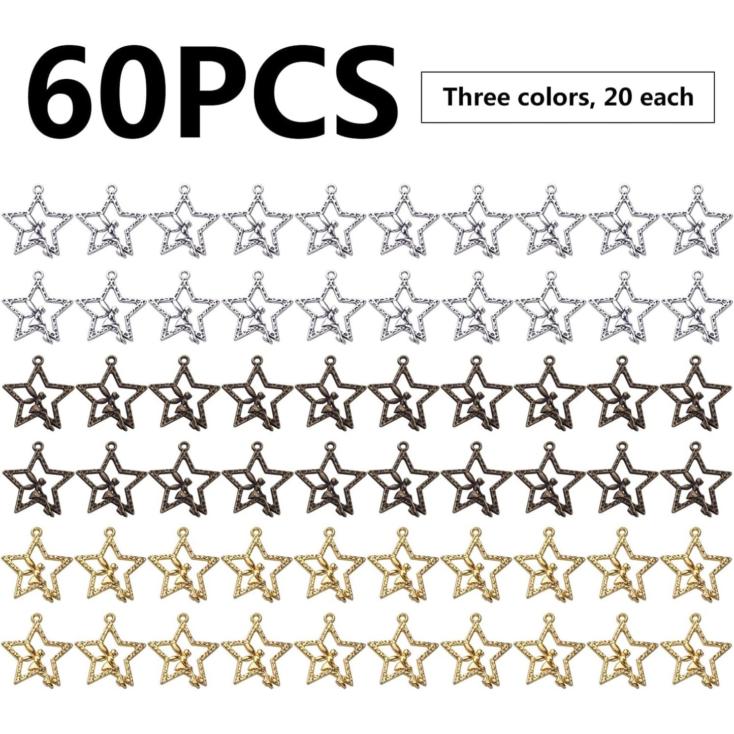 60pcs Fairy Charm Pendants Alloy Angle Charms Fairy on Star Charms Craft Supplies for DIY Earrings Necklace Bracelet Jewelry Making and Crafting Accessory, 3 Colors