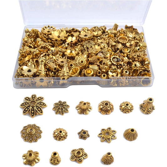 120g Bead Caps with A Clear Storage Box, Tibetan Gold Beads Spacers Jewelry Findings Accessories for Jewelry Making 300-350 Pieces