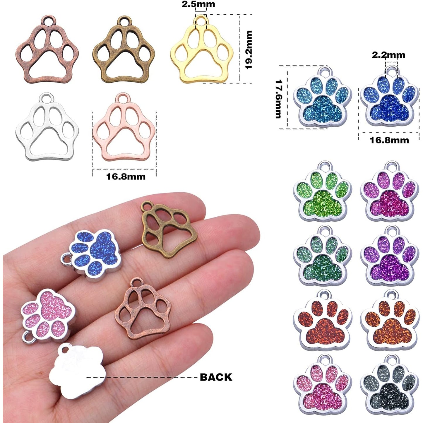70pcs Alloy Paw Print Charms Enamel Glitter Dog Cat Bear Footprint Pendants Animal Paw Chunk Charms for DIY Necklace Bracelet Earrings Jewelry Making Birthday Party Favor Gifts