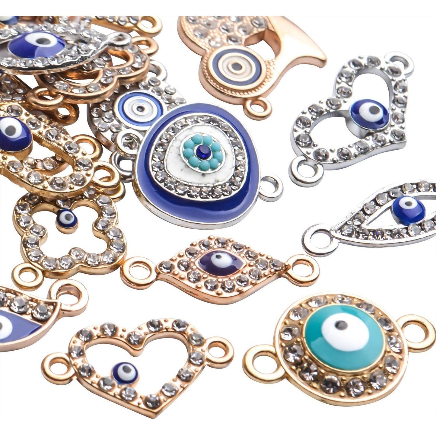 Evil Eye Connector Charms, 22pcs Enamel Rhinestone Diamond Heart Infinity Butterfly Hand of Fatima Jewelry With 2 Holes for DIY Bracelet Earrings Necklace