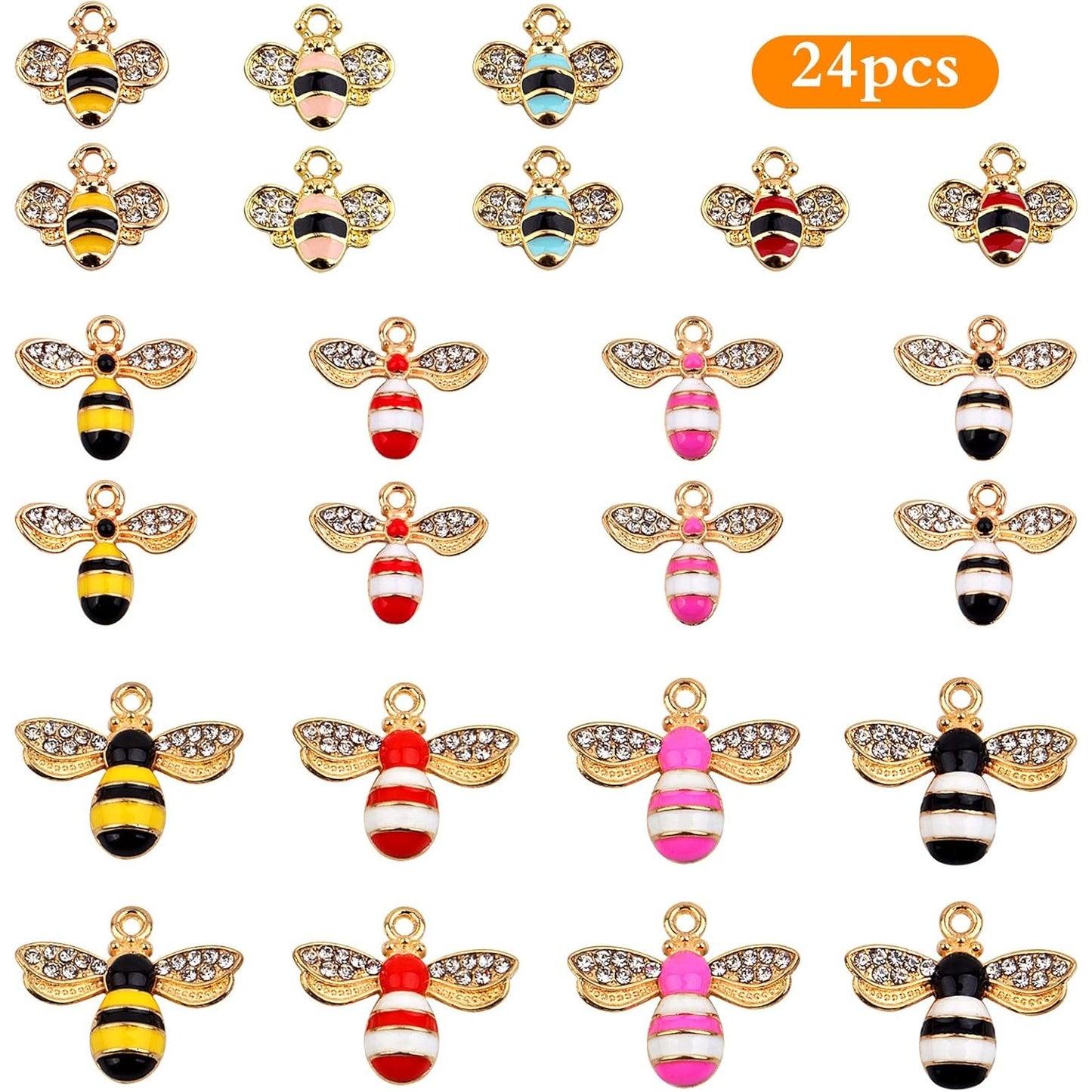 24pcs Alloy Enamel Bee Charms Cute Animal Honeybee Insect Pendant Charms with Rhinestone for DIY Necklace Bracelet Earrings Jewelry Making Decor, Yellow and White