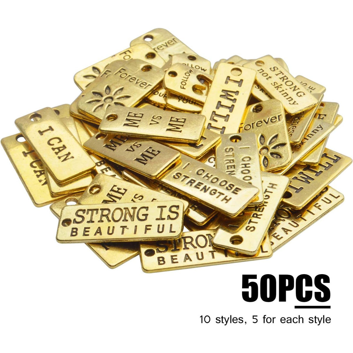 Word Pendants Charms,50pcs Inspiration Words Charms Golden Lettering Pendants Engraved Message Charm Craft Supplies for Jewellery Making DIY Necklace Bracelet Earrings,10 Styles