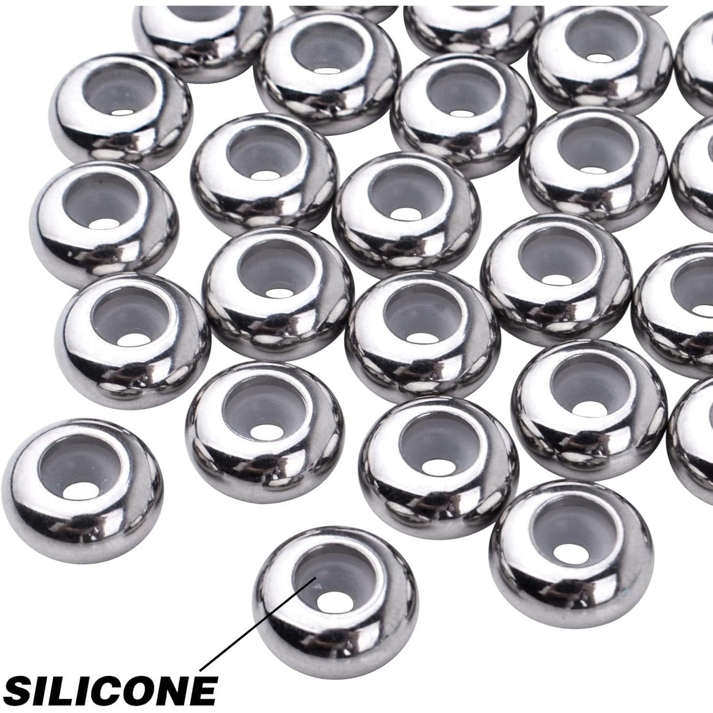 30pcs Stainless Steel Rondelle Stopper Beads with Rubber Inside Metal Loose Beads 2mm Hole Positioning Spacer Beads for DIY Jewelry Making Accessories