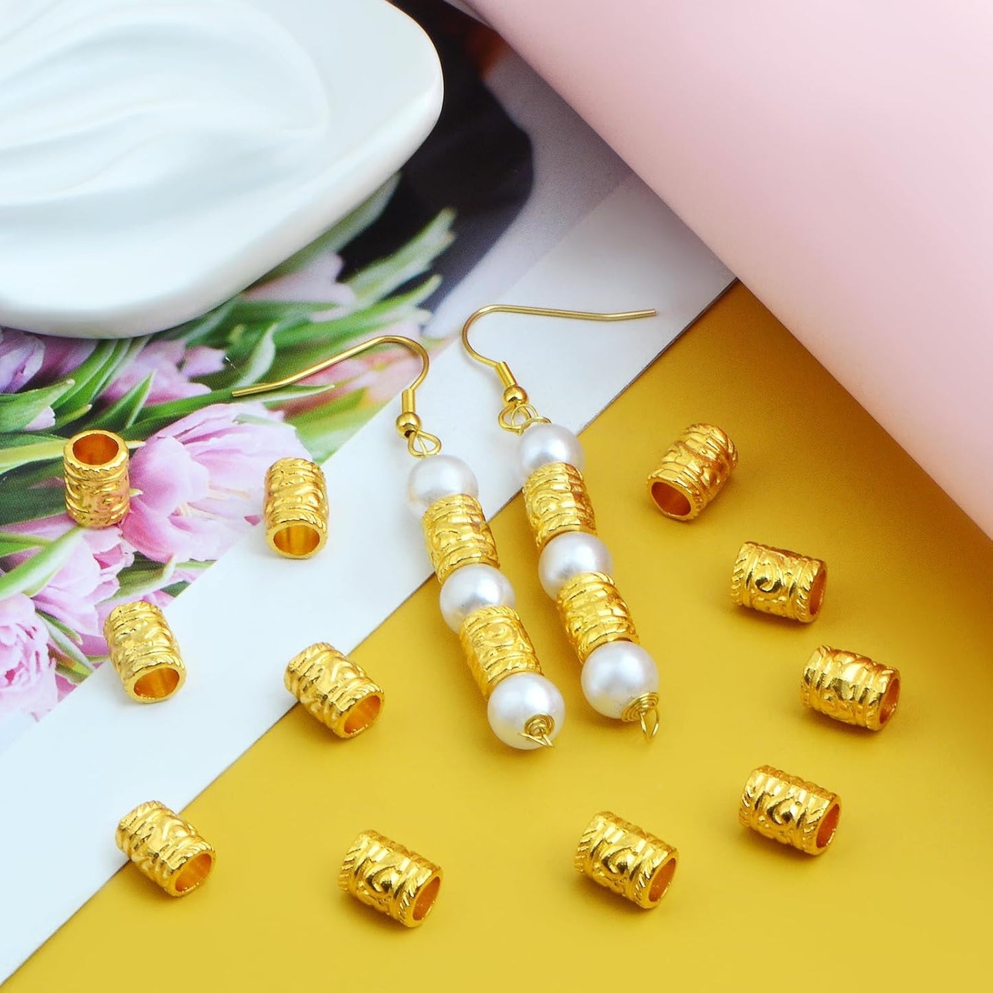 100pcs European Large Hole Tube Spacer Beads Alloy Column Barrel Loose Beads Bulk Metal Spacers Handmade Accessories for DIY Bracelet Jewelry Making Supplies Decor, Bright Golden