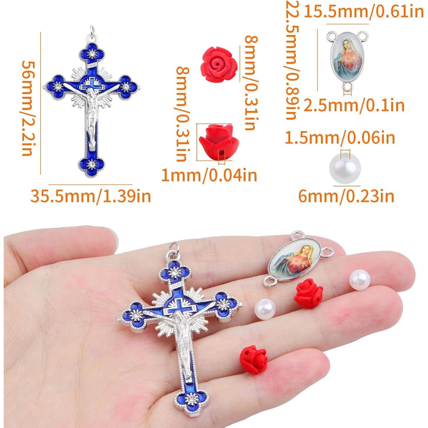5pcs Enamel Jesus Virgin Mary Pendant Links, 5pcs Blue Religious Cross Charms, 30pcs Cinnabar Carved Red Rose Beads and 500pcs White Pearls for Rosary Necklace DIY Jewelry Making