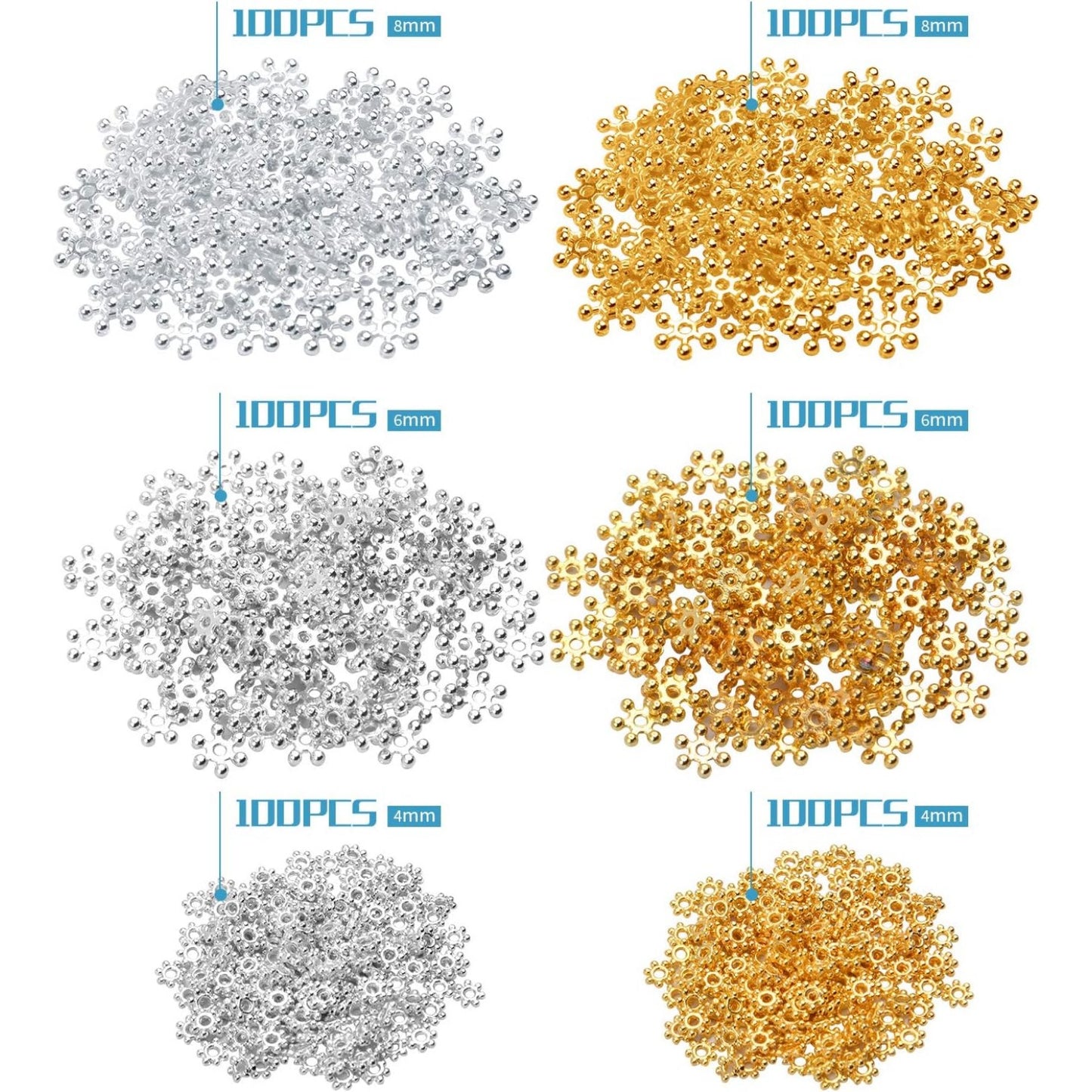 Jewelry Bead Charm Spacers, 600pcs 4mm/6mm/8mm Alloy Flower Jewelry Spacer Beads Metal Beads for DIY Bracelets Necklaces Jewelry Making, Silver and Gold