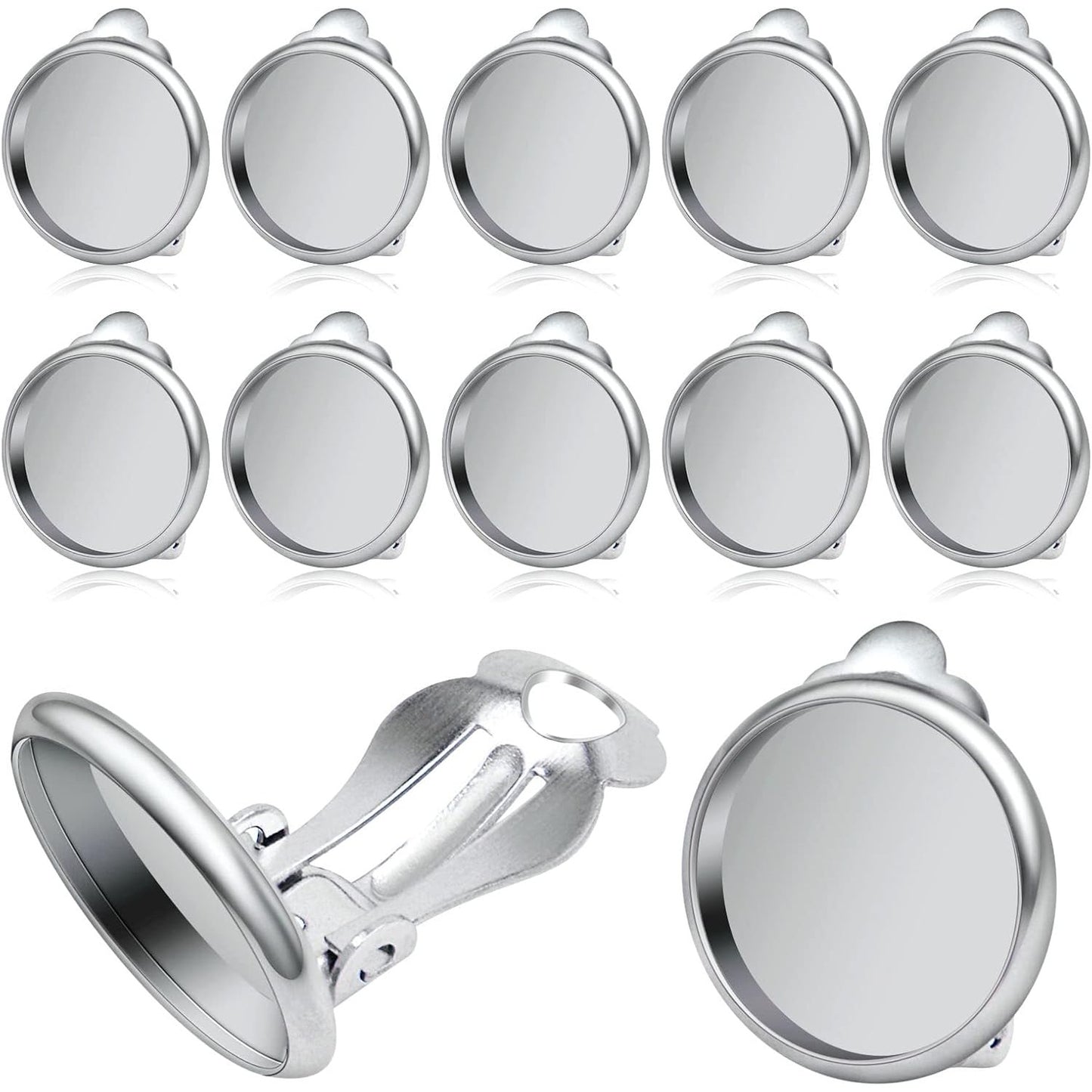 Clip-on Earring Converters, 20pcs (10 Pair) Flat Round Earring Trays 12mm Earring Cabochon Setting Converter for Non Pierced Ears Earring Making - Silver