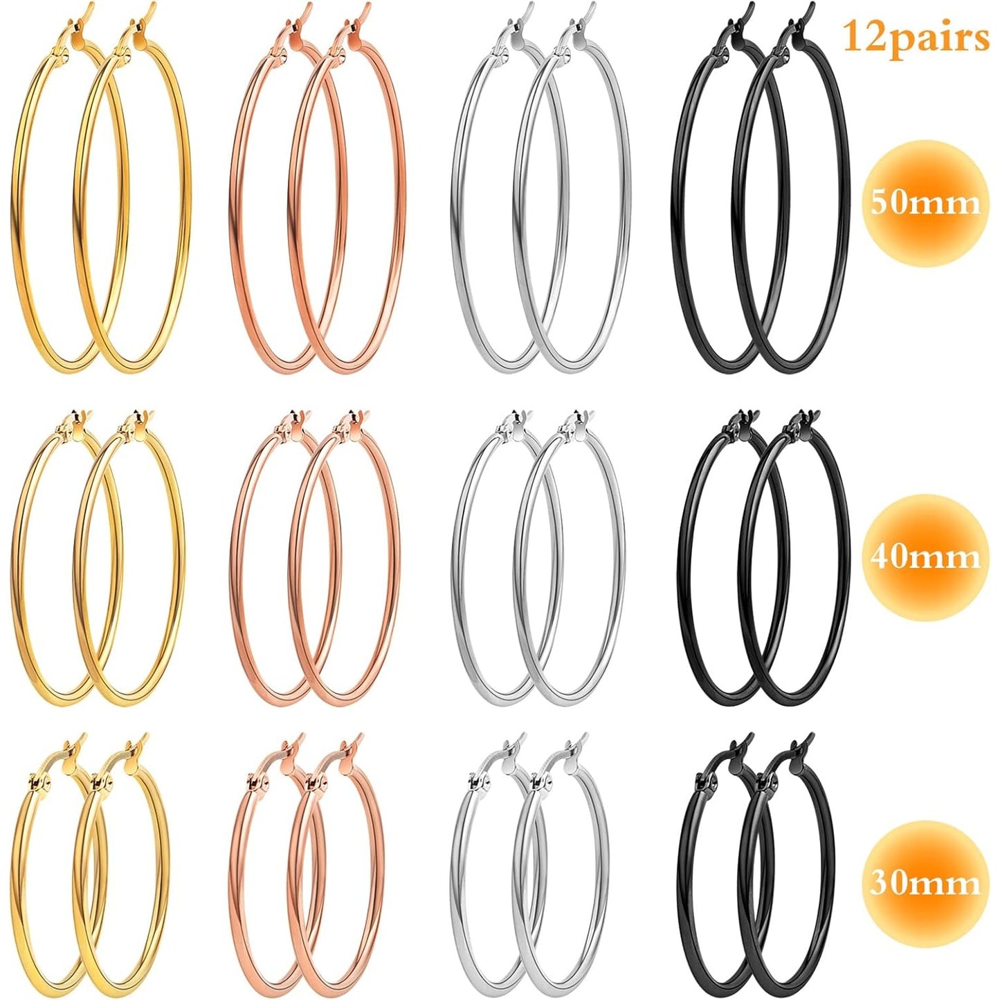 12 Pairs 3 Sizes 4 Colors Hypoallergenic Earring Hoops Findings Stainless Steel Hoops Earrings Set Big Open Beading Hoop Earrings for DIY Art Crafts Jewelry Making