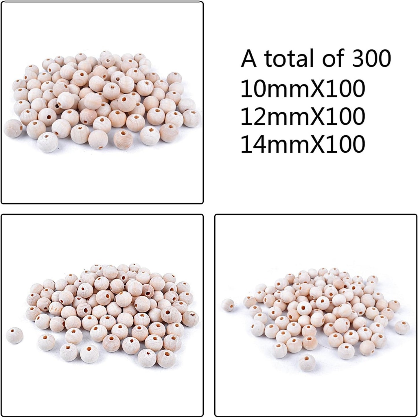 300pcs Natural Color Round Ball Wood Spacer Beads Jewelry Findings Charms(3 Sizes:10mm, 12mm and 14mm)