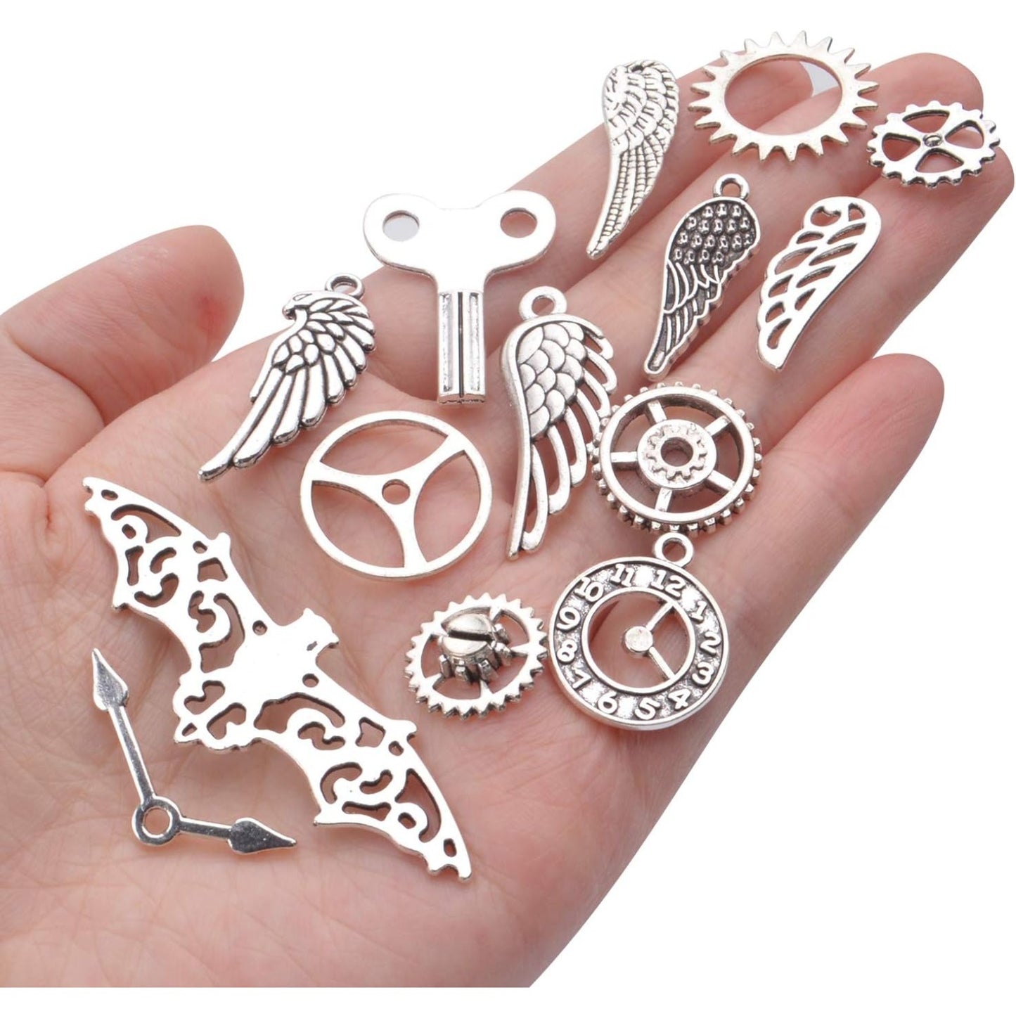 52pcs Tibetan Silver Charms Vintage Clock Gear Wing Key Pendants Jewelry Making Accessories for DIY Crafting Jewellery Making