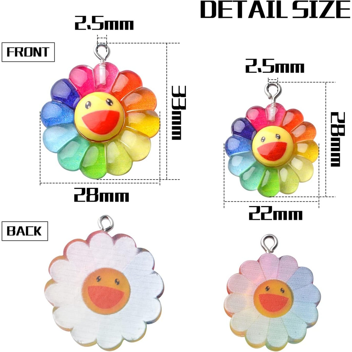 Sunflower Pendants, 20pcs Resin Rainbow Flower Charms & Smiley Face Cabochons for DIY Jewelry, 2 Sizes