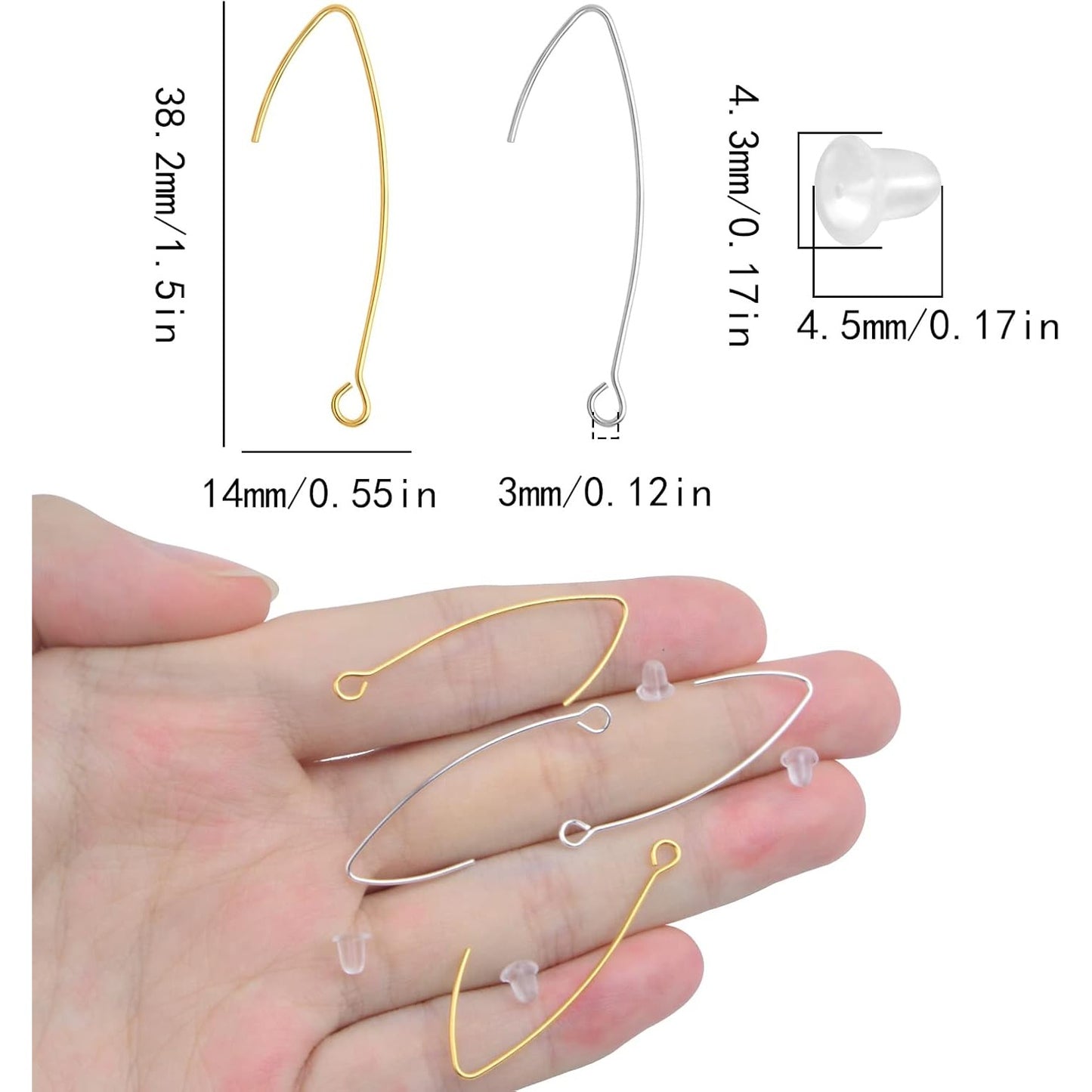 60pcs 2 Colors V Shape Earring Hooks Metal Ear Wires Drop Earring Hooks Components and 60pcs Clear Bullet Earring Backs for DIY Dangle Jewelry Making Findings