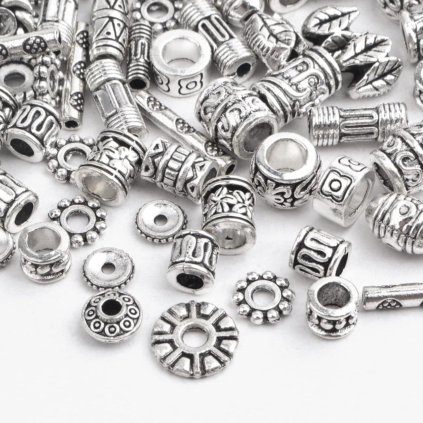 100 Gram Tibetan Antique Silver Spacer Beads Random Mixed Styles Alloy Flower Round Cone Column Loose Spacer Beads Accessories for DIY Crafts Jewelry Making Supplies