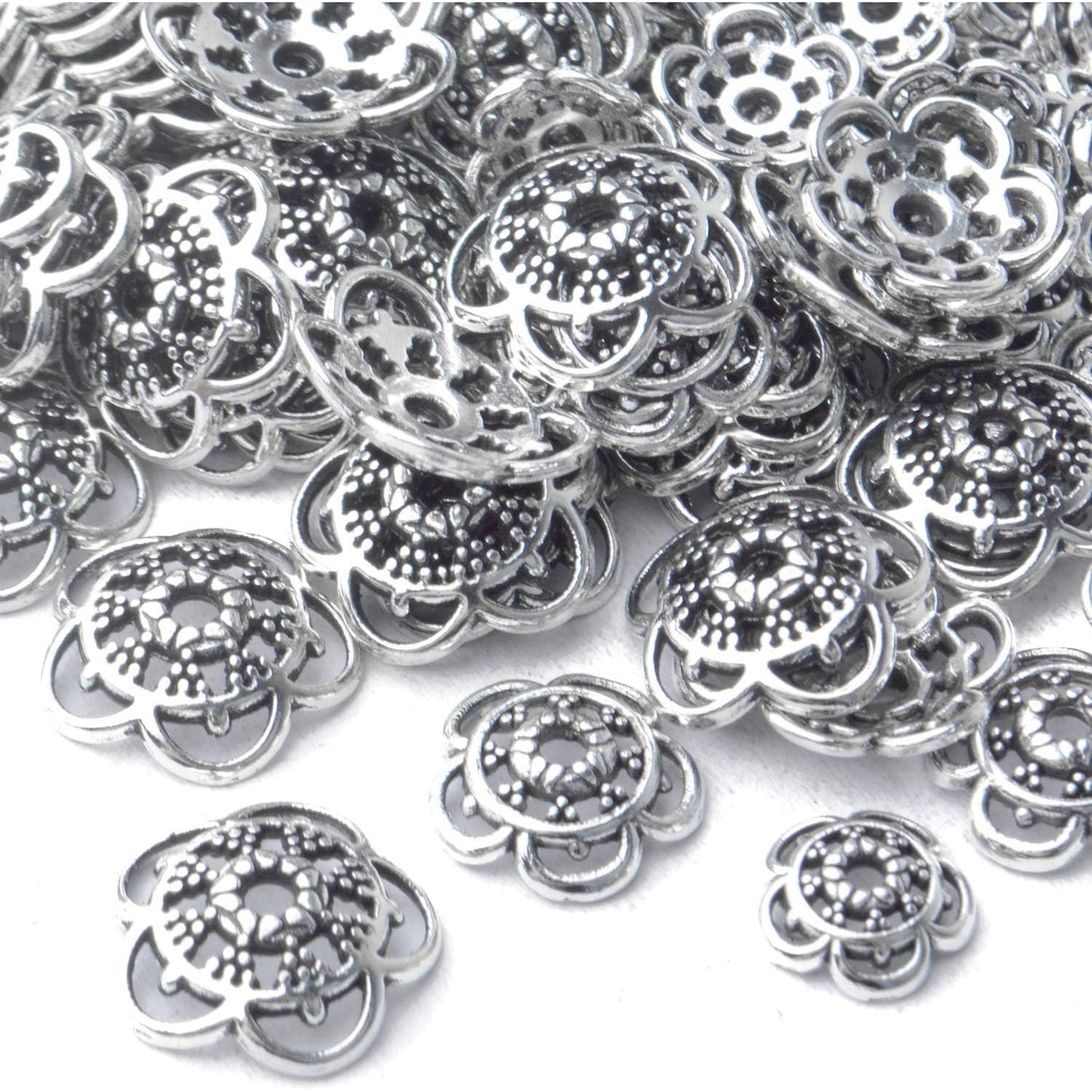200pcs 12mm/10mm/8mm Antique Silver Flower Bead Caps Alloy Tibetan Spacer Bead Caps Bali Style Jewelry Spacer Caps for Earring Necklace Jewelry Making Supplies