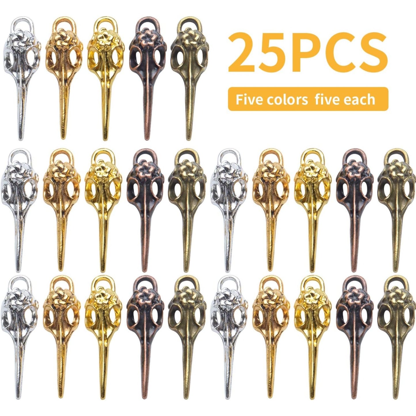 Bird Head Skull Charms, 25pcs Tibetan Style Bird Skull Head Charms Alloy Bird Head Skeleton Pendants for Necklace Bracelet Jewellery Findings Crafting, 5 Colors