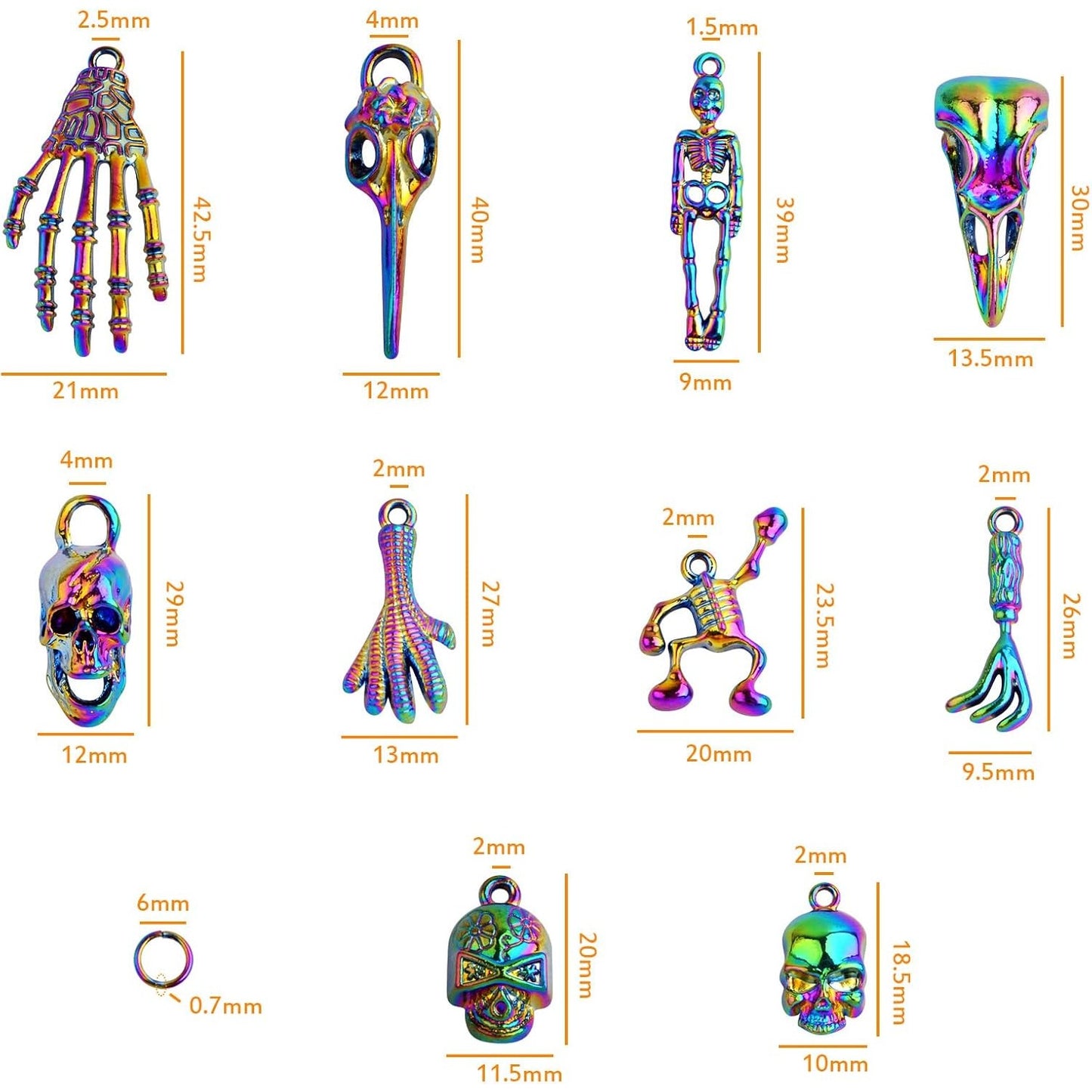 10pcs 10 Styles Rainbow Color Skull Head Charms Collection Alloy Halloween Skeleton Bone Pendants and 10pcs Open Jump Rings for DIY Bracelet Keychains Crafts Jewelry Making