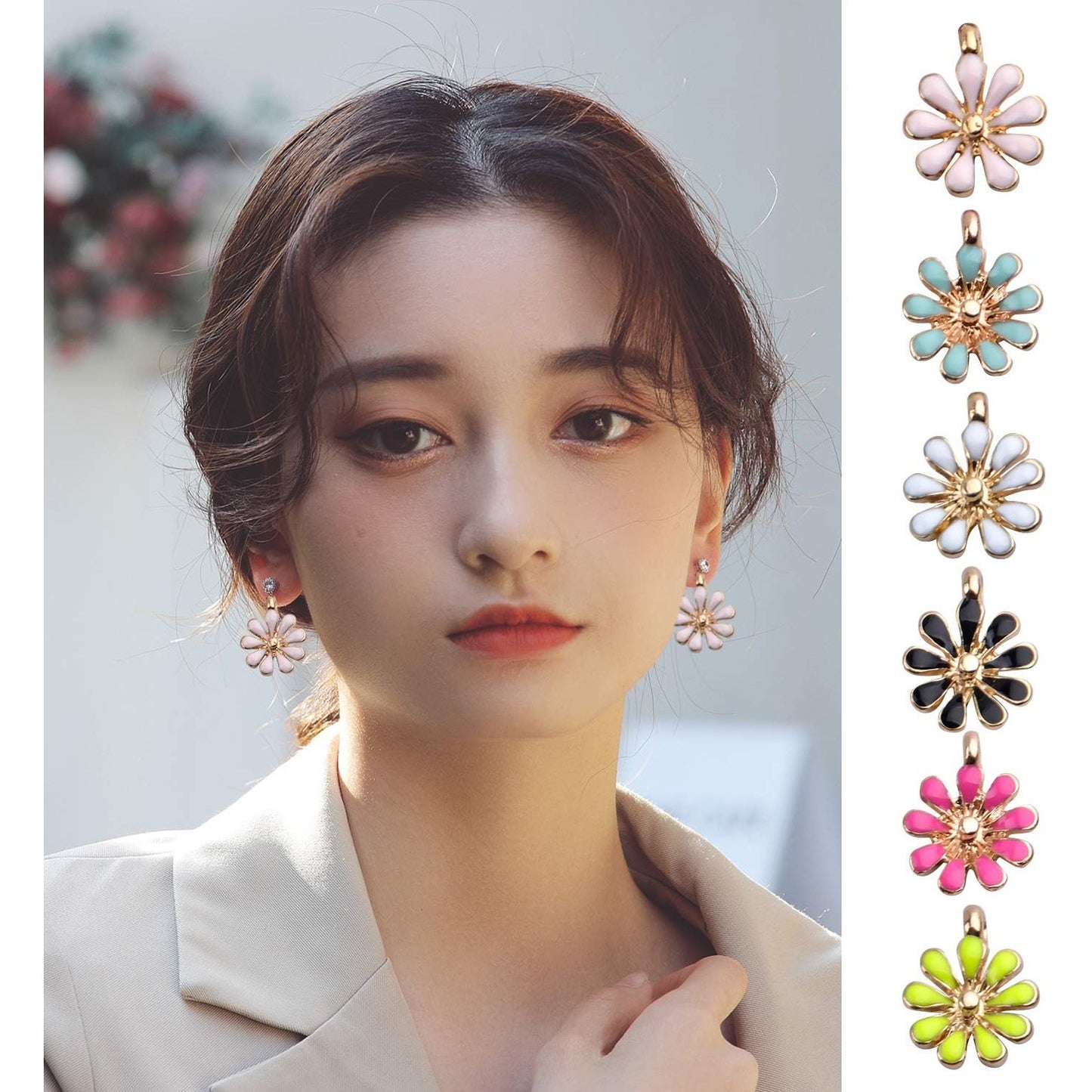 30pcs Enamel Flower Charms, Daisy Flower Pendants, 6 Colors, 12*15mm, Jewelry Findings for Necklace, Bracelet, Earrings, Crafting