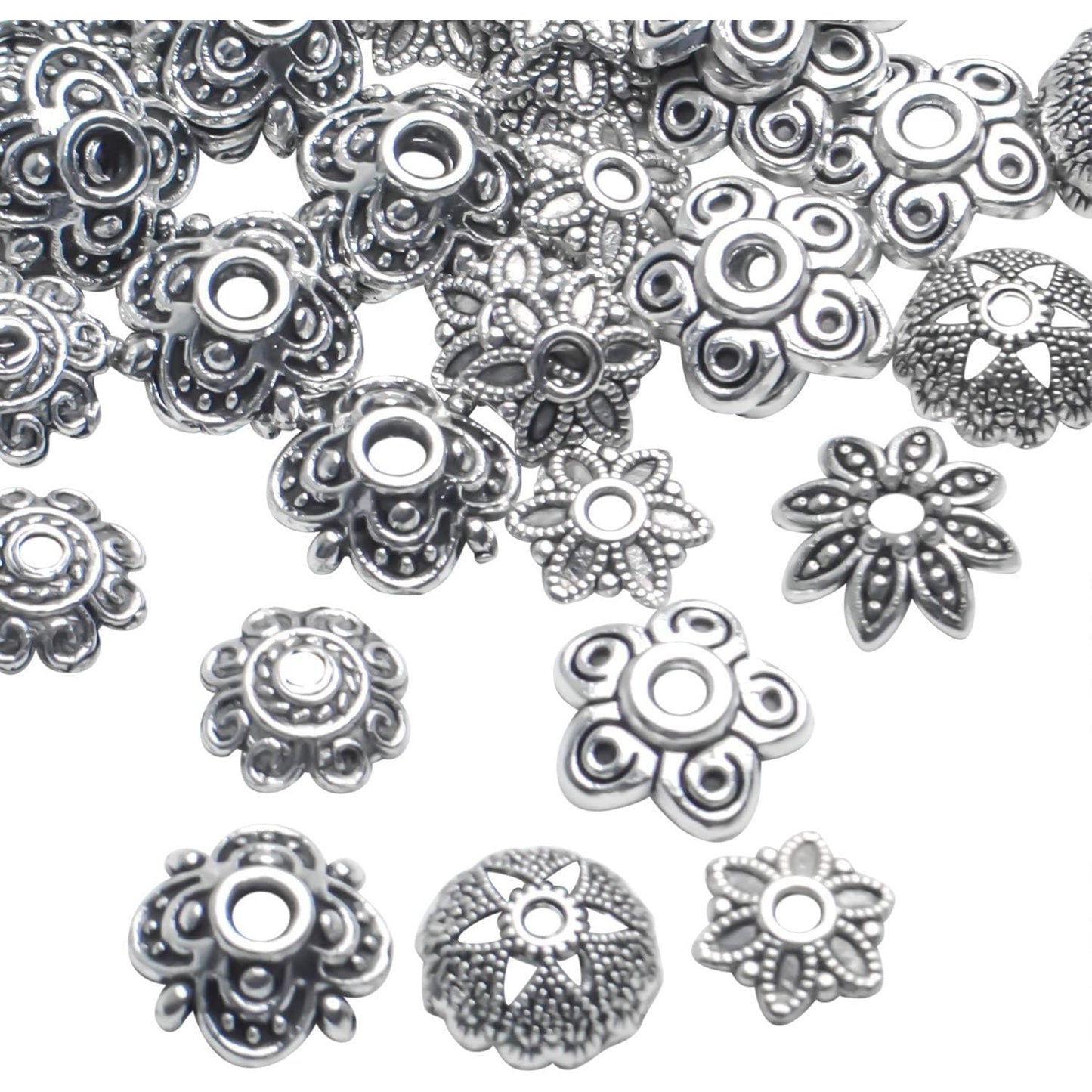 Silver Bead Caps,140pcs Tibetan Bead Caps Vintage Flower Beads Ends Loose Spacer Beads DIY Jewelry Findings for Crafts Making Bracelet Necklace Arts,7 Styles