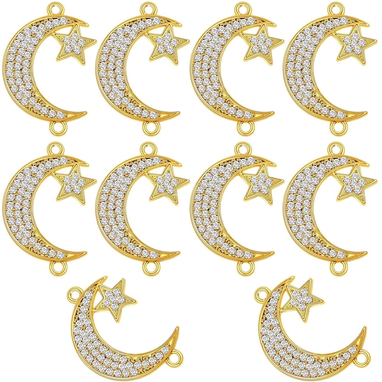 10 Pieces Crescent Moon and Star Charms Connectors with Rhinestone Alloy Moon Dangle Pendants with Double Loops for DIY Necklace Earrings Jewelry Making Supplies, 2 Colors