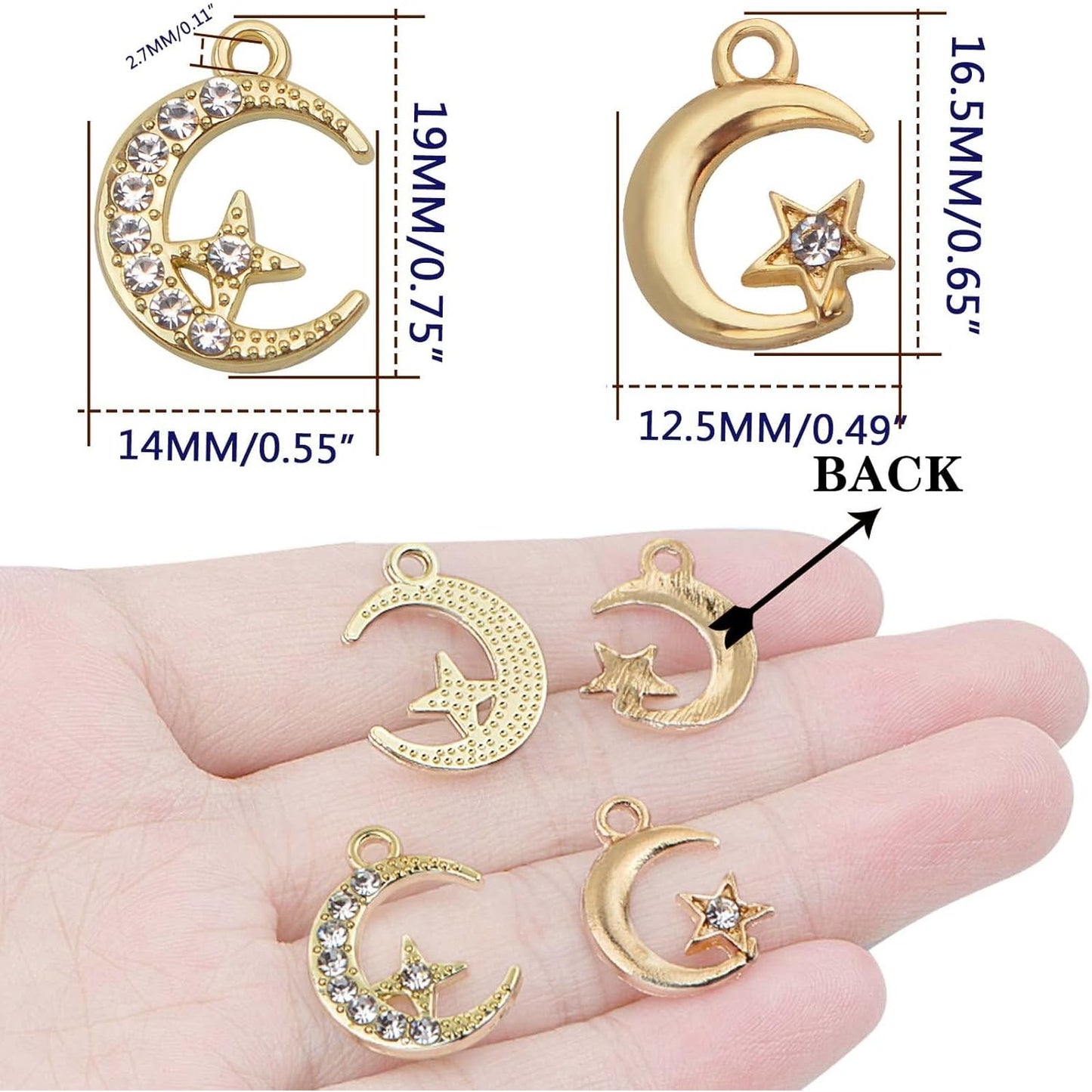20pcs Golden Crescent Moon Star Charms Alloy Celestial Dangle Pendants with Shiny Rhinestone Craft Supplies for DIY Earring Bracelet Necklace Jewelry Making, 2 Styles