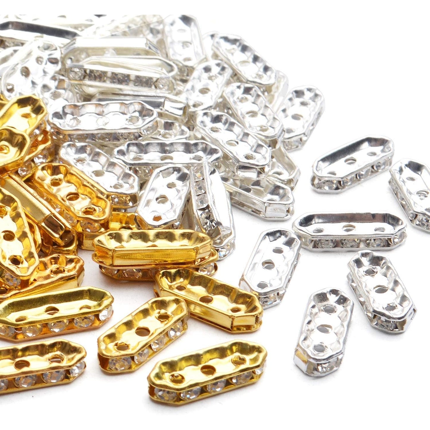 Rhinestone Spacer Beads,100Pcs Crystal Spacer Bars Beads 3 Hole Alloy Spacers Bar Link Connectors for DIY Multi Strand Bracelet Jewelry Making