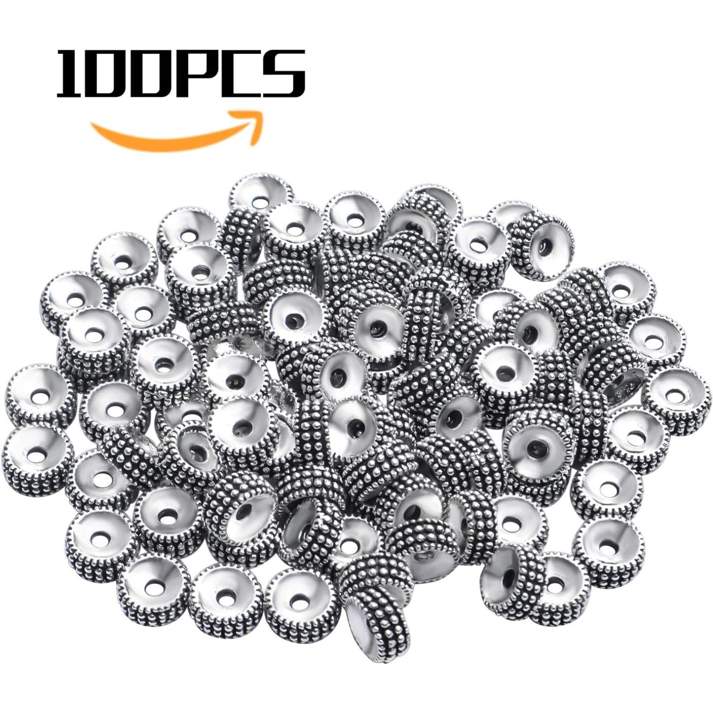 100pcs Silver Alloy Beads Loose Beads Rondelle Shiny Spacer Beads Tibetan Antique European Large Hole Spacers for Bracelet Necklace DIY Jewelry Making,7.5 * 3.5mm