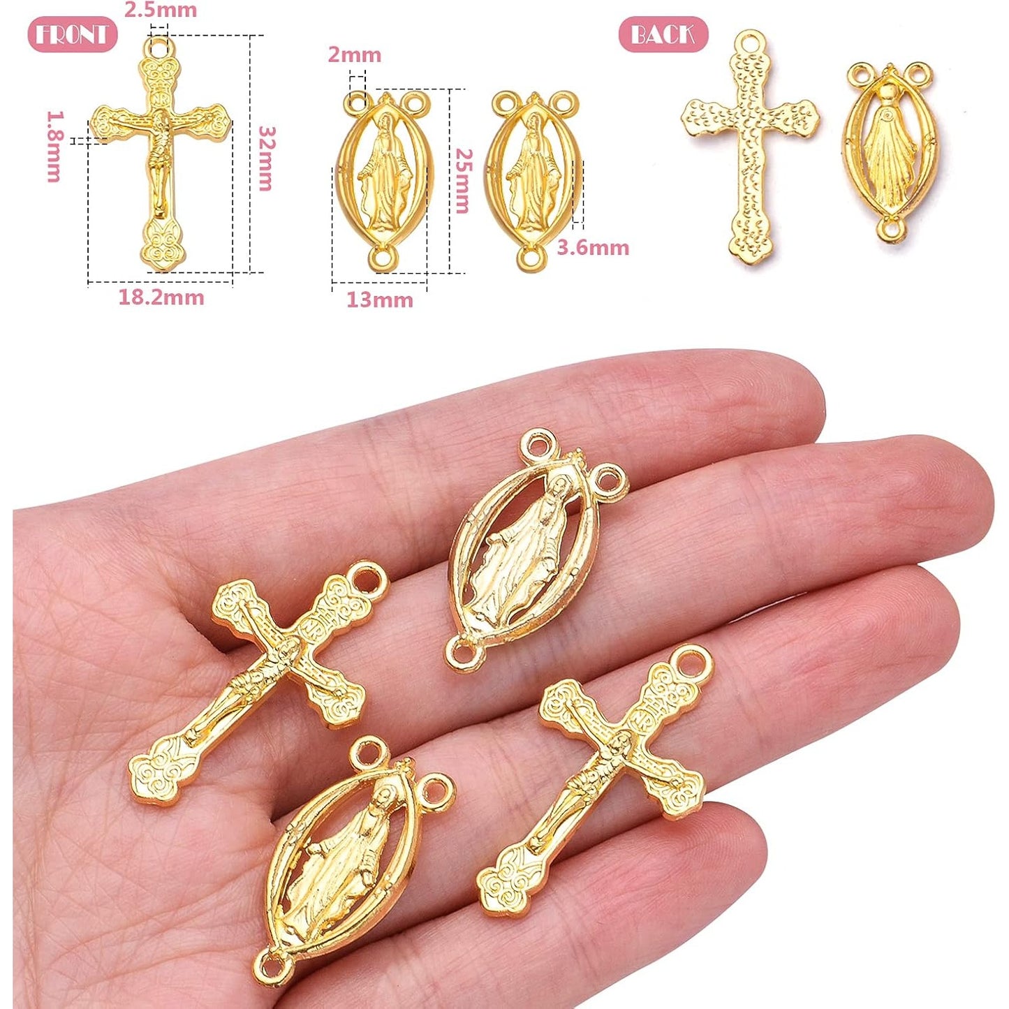 40pcs Gold Plated Rosary Cross and Center Charms Miraculous Medal Pendant Alloy Tibetan Style Jesus Crucifix Cross Pendants Oval Chandelier Links for Rosary Holy Beads Necklace Making