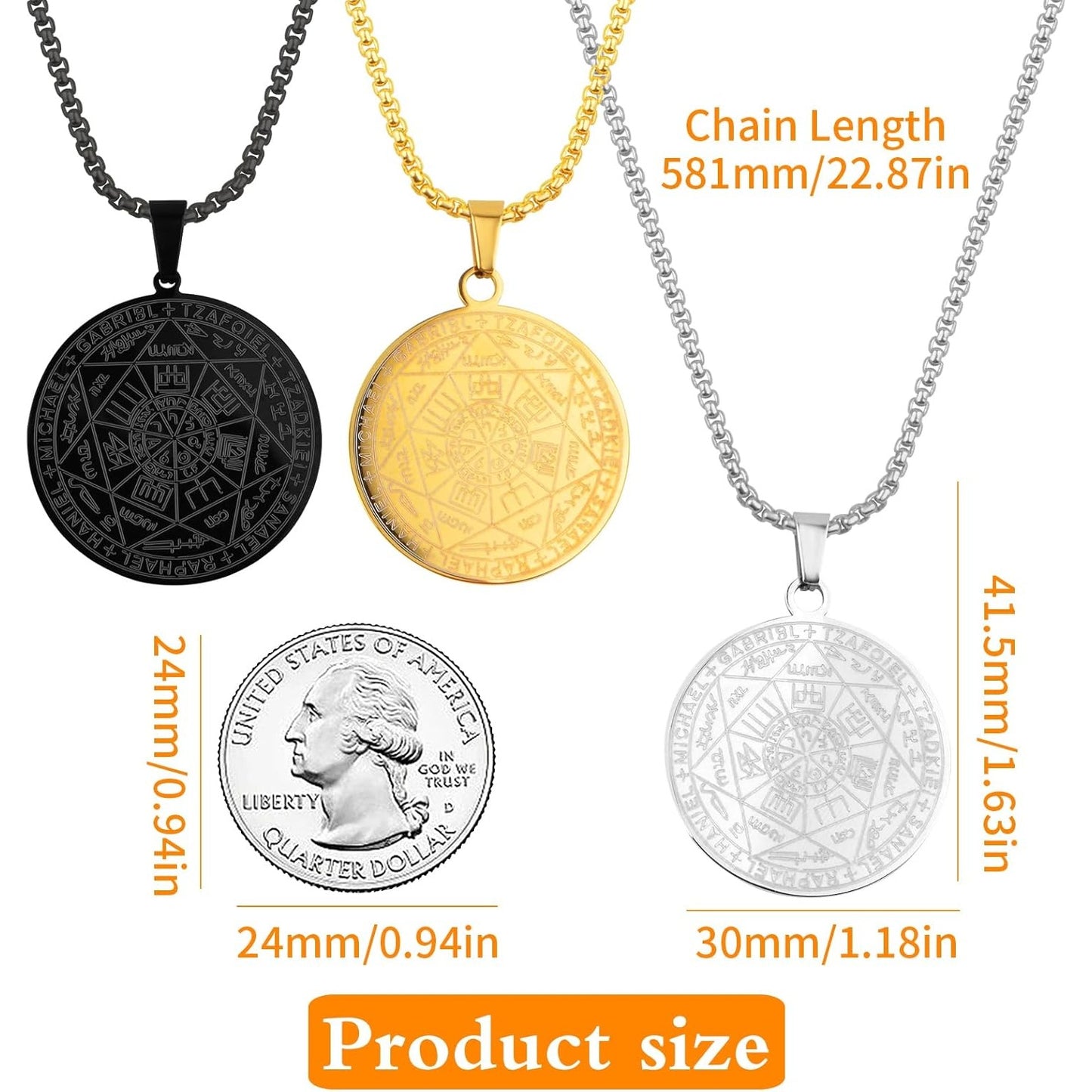 3pcs Archangels Pendant Necklaces - Stainless Steel Seven Princes of Heaven Seal of the Archangel Michael Coin Pendant Medal with Chain for Men and Women Protection Amulet
