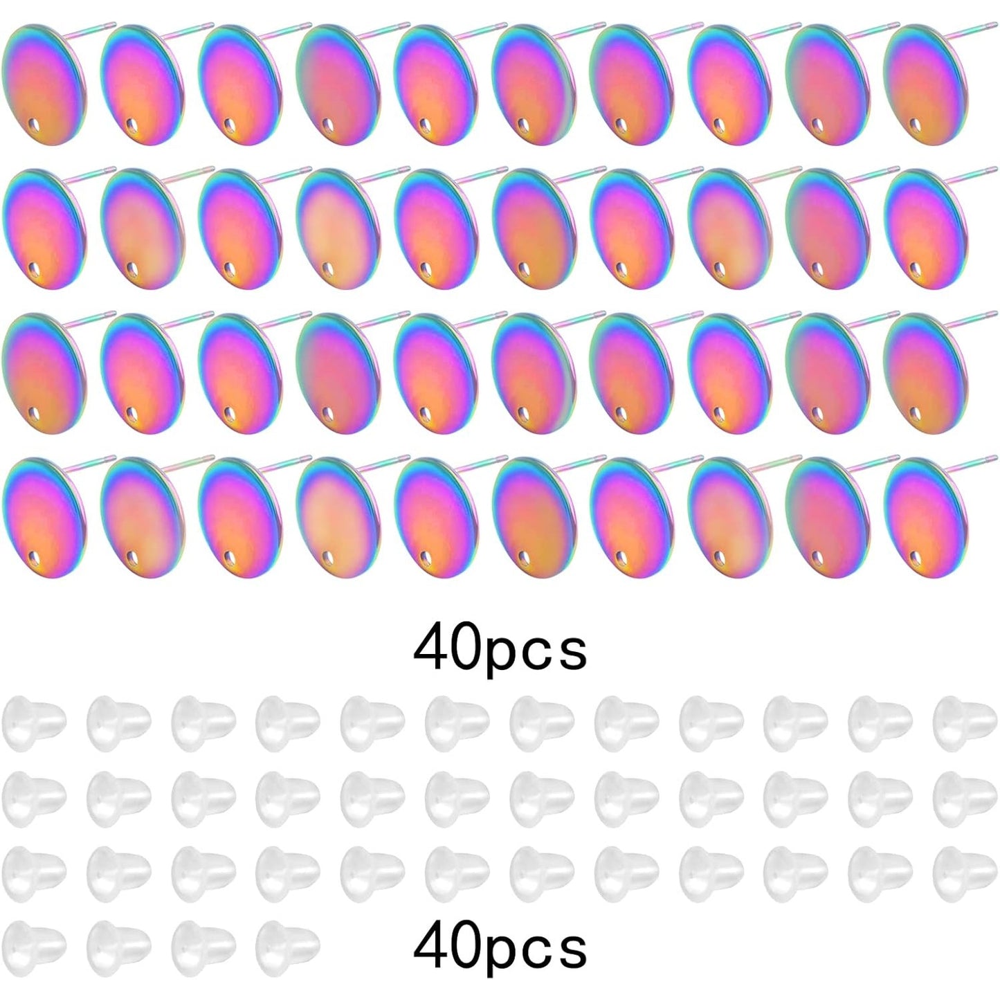 40pcs Stainless Steel Earring Posts with Loop Blank Round Stud Earring Findings and 40pcs Clear Earring Backs Stoppers for DIY Jewelry Making Supplies, Rainbow Color