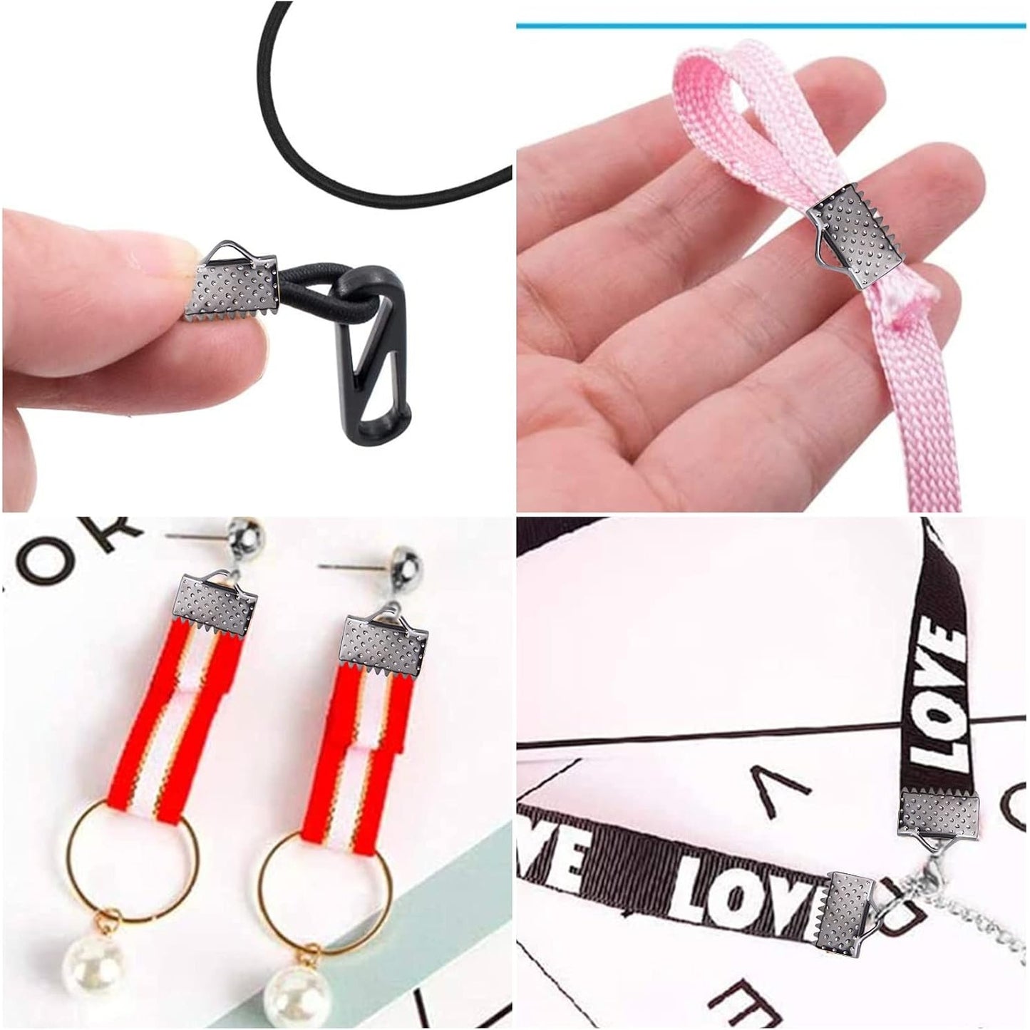 500pcs Ribbon Pinch Crimp Clamp Ends Metal Cord Ends Fasteners Clasp Connectors for DIY Bracelet Bookmark Lanyard Leather Chain Extenders Jewelry Making, Gun Black