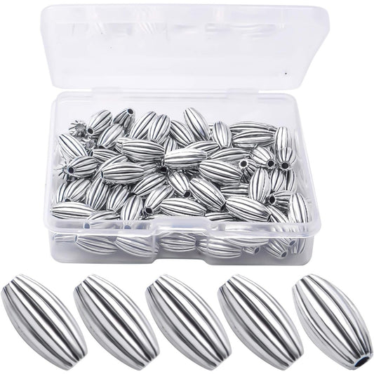100pcs Antique Silver Oval Rice Shape Bead Spacers Tibetan Beads Jewelry Beads Spacer Bead Charms with A Box for DIY Bracelet Necklace Jewelry Making